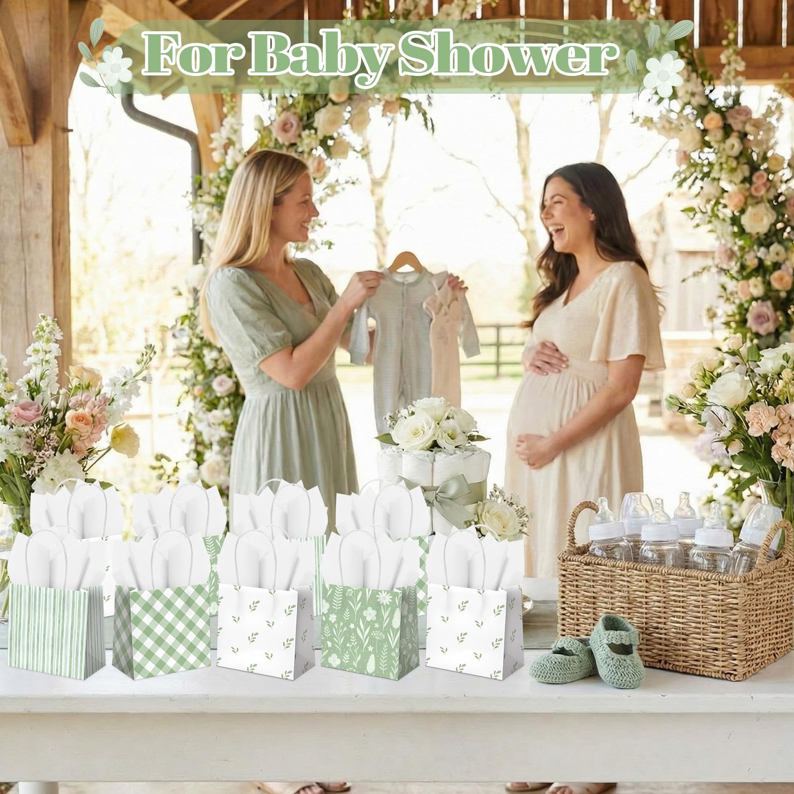 Silkfly 24 Pack Mini Sage Green Gift Bags with Handles & Tissue Paper Small Spring Floral Flower Candy Goodie Bag for Women Baby Shower Tea Party Bridesmaid Birthday Wedding Supplies, 5x5x3 Inch