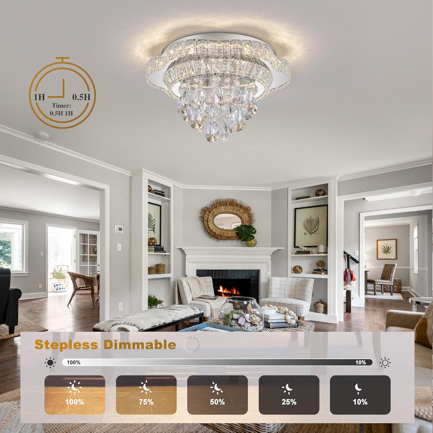 Silver 18" Modern Flush Mount Chandelier for Bedroom, LED Crystal Ceiling Light Over Table,Elegant Dining Room Lighting Fixture with Remote Control, 3CCT Dimmable