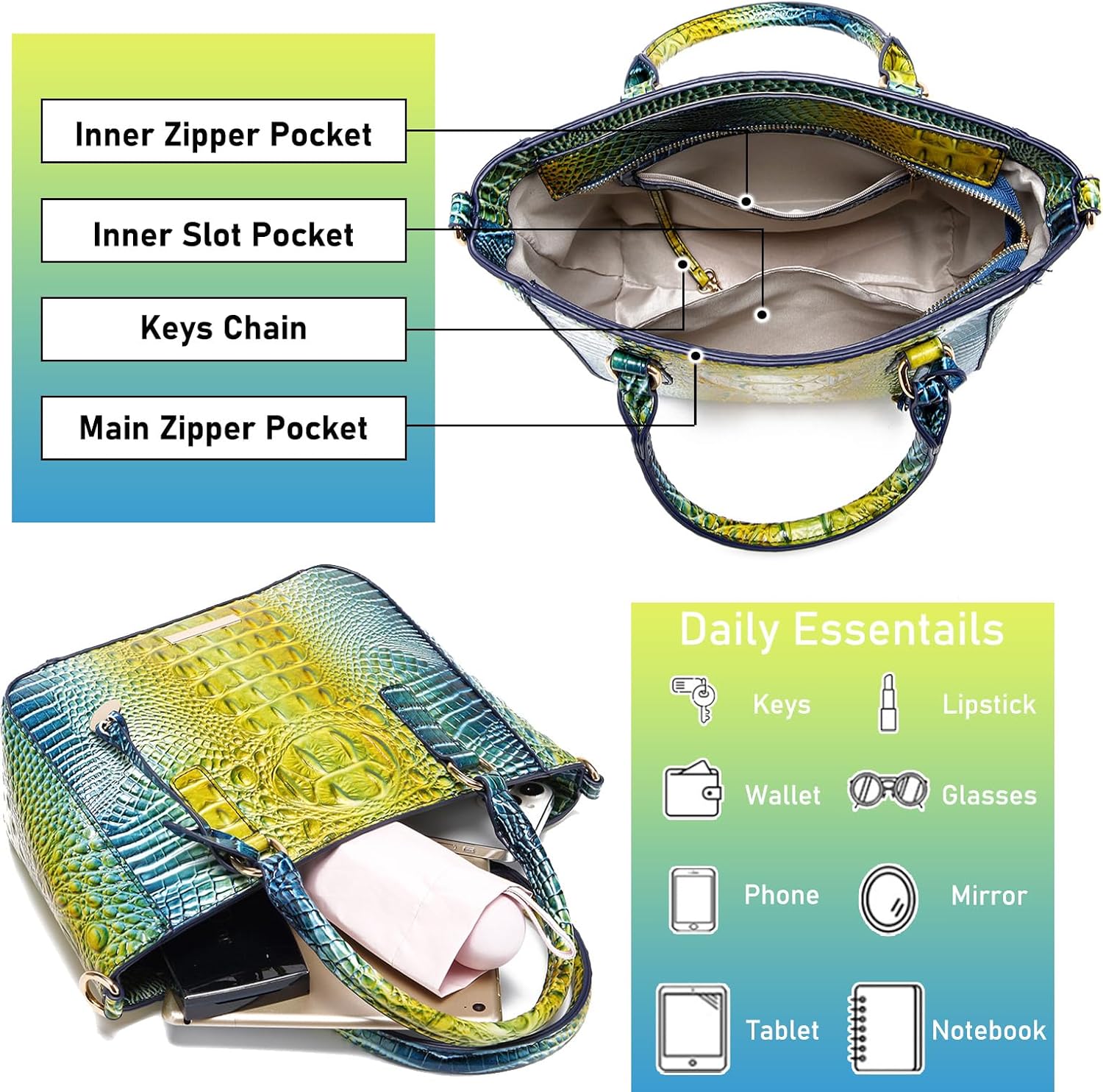 Ladies Tote Leather Bags for Women Crocodile Embossed Zipper Satchel Purse Elegant Compartments Crossbody Work - Image 4