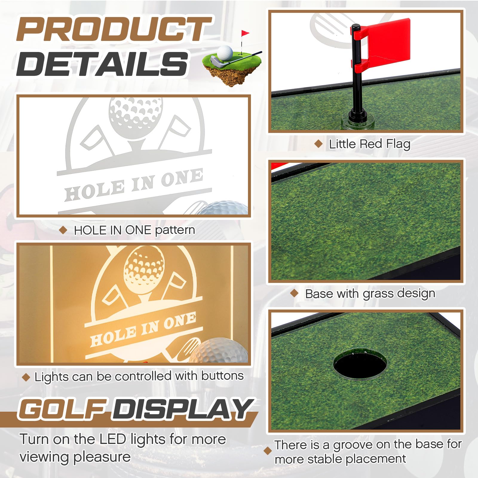 Tioncy Vitrina para pelotas de golf con agujero en uno, soporte iluminado para pelotas de golf con alimentación USB, base de madera y accesorios acrílicos, vitrinas de recuerdos para golfistas,