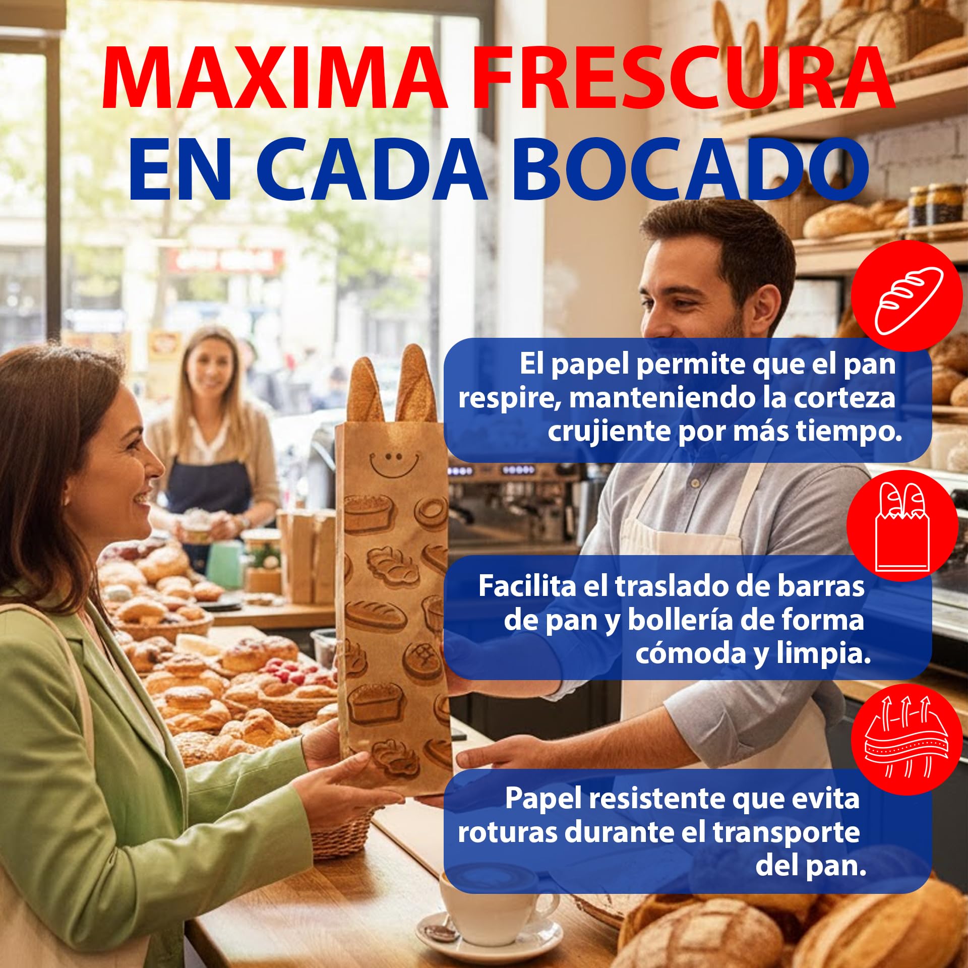 BALSAT Bolsas de Papel Kraft para Panadería | Estampado Atractivo de Pan y Caritas | Seguras y Cómodas | Varias Medidas | Resistentes y Evitan el Aplastamiento | 1000 Uds 18x51 cm (2 Barras normales)