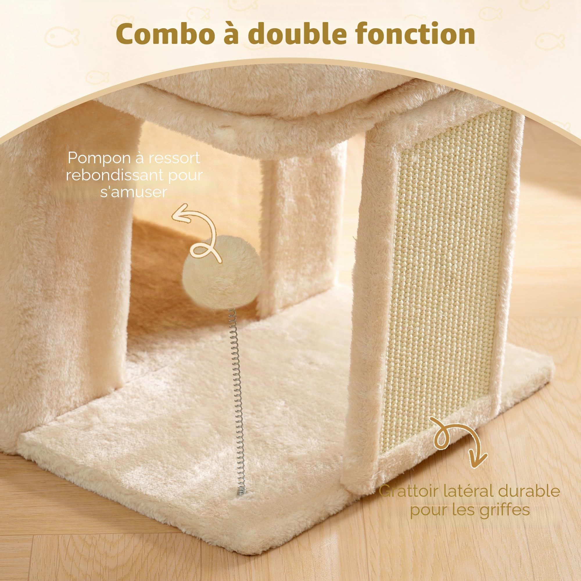 Heybly Arbre à Chat, Tour de 35 cm avec Grande Plateforme de Repos et Cabane pour Chats Adultes d'Intérieur, Poteaux à Griffes et Balle à Ressort Interactive Inclus, Beige HCT203SM