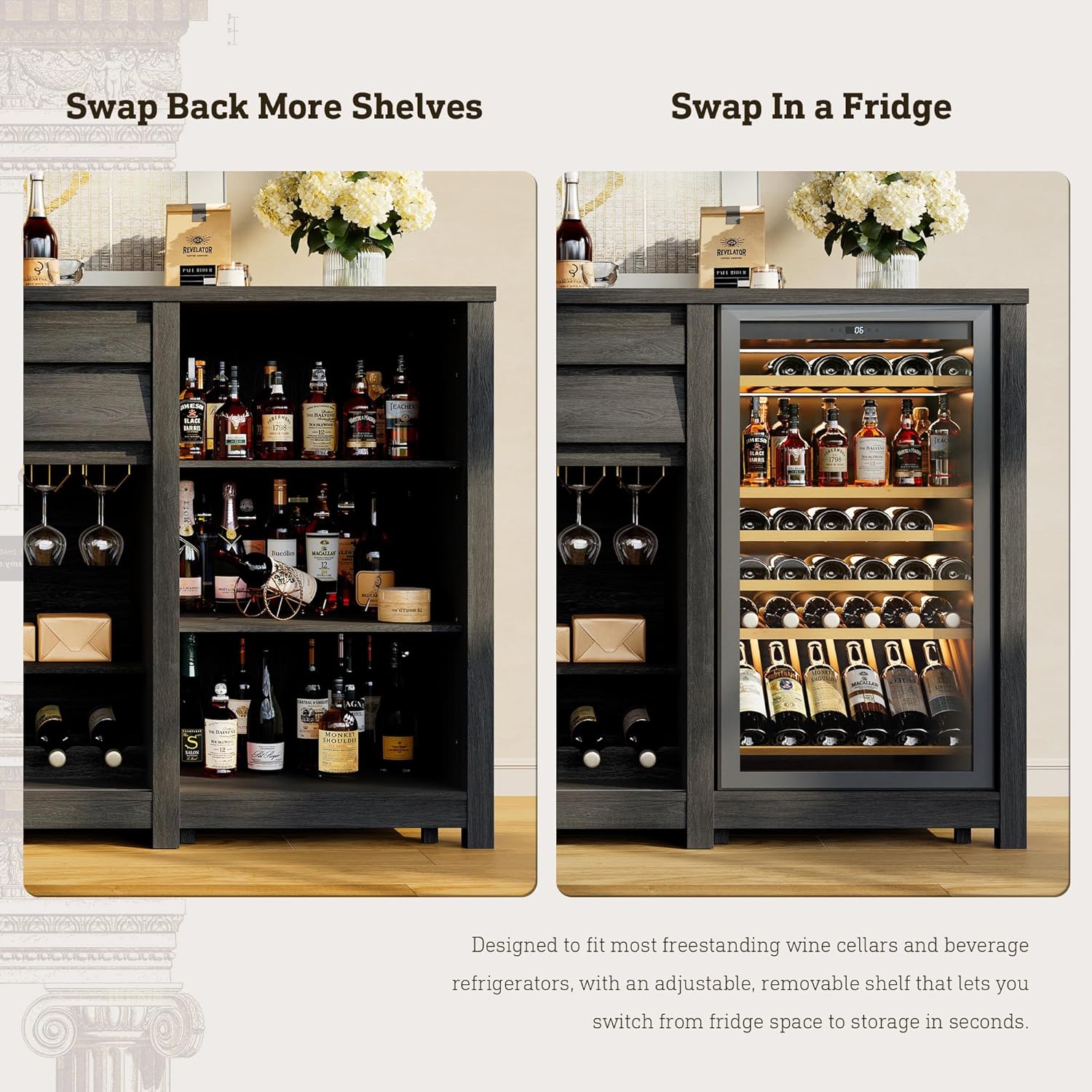 STO'SENSE Extra Large Coffee Bar Cabinet w/Fridge Space&Power Outlet,Lux MiniFridge Cabinet w/2Drawers,Wine Rack,Leather Handle,Adj.Shelves,Bar Tray,Glass Holder&Sliding Door,Buffet Sideboard,Black