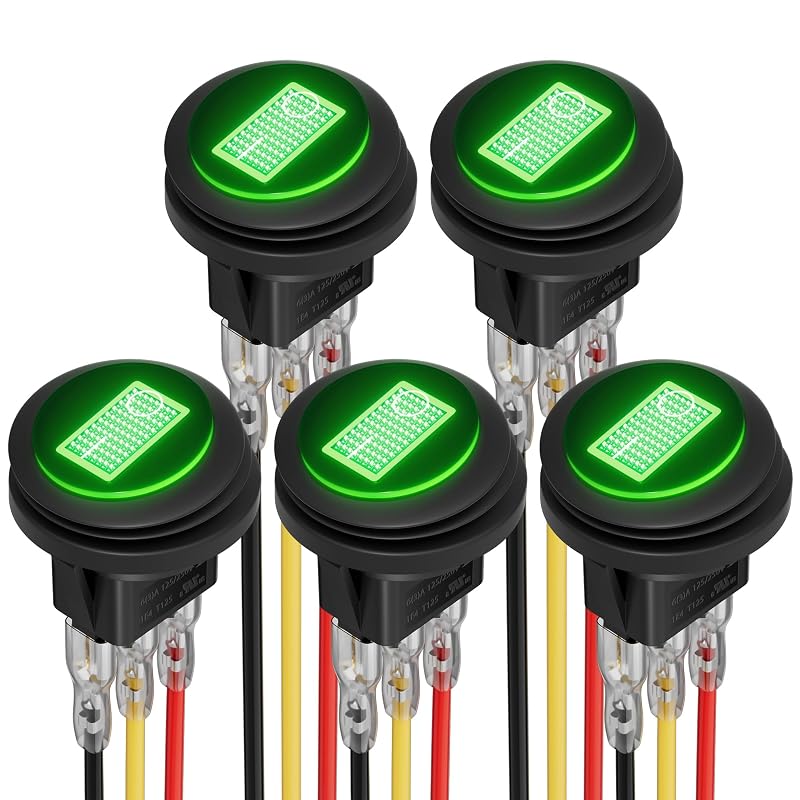 Interruptor tipo Rocker redondo DAIERTEK com LED verde 12 V 20 A, SPST, à prova d’água – 5 unidades