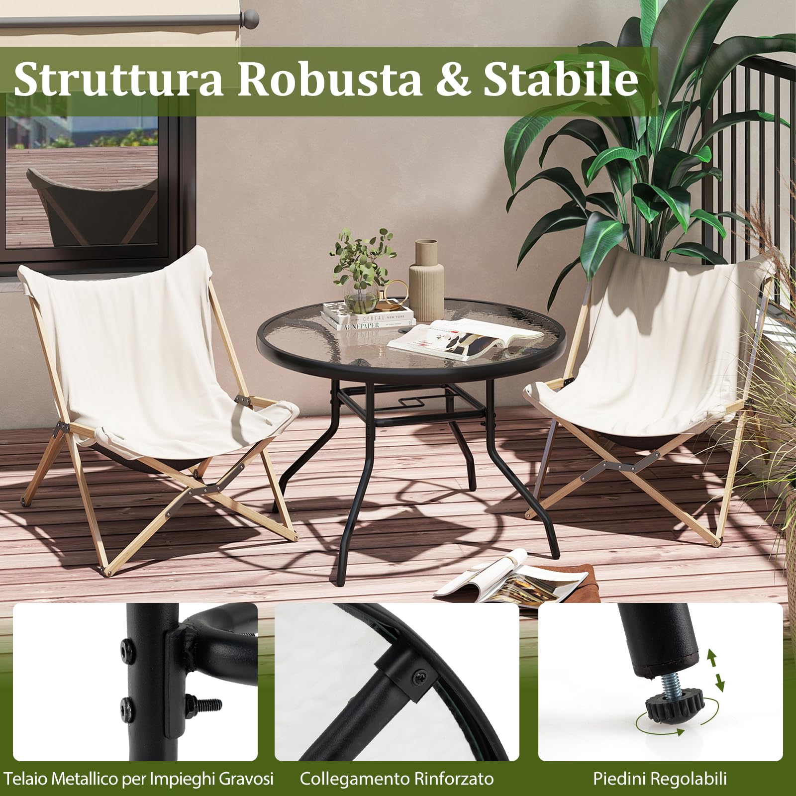 COSTWAY Tavolino Esterno in Metallo e Vetro, Tavolino da Bistro con Foro per Ombrellone 4,2 cm, Tavolo per Giardino Balcone Cortile, Portata 50 kg (70 x 45,5 cm)