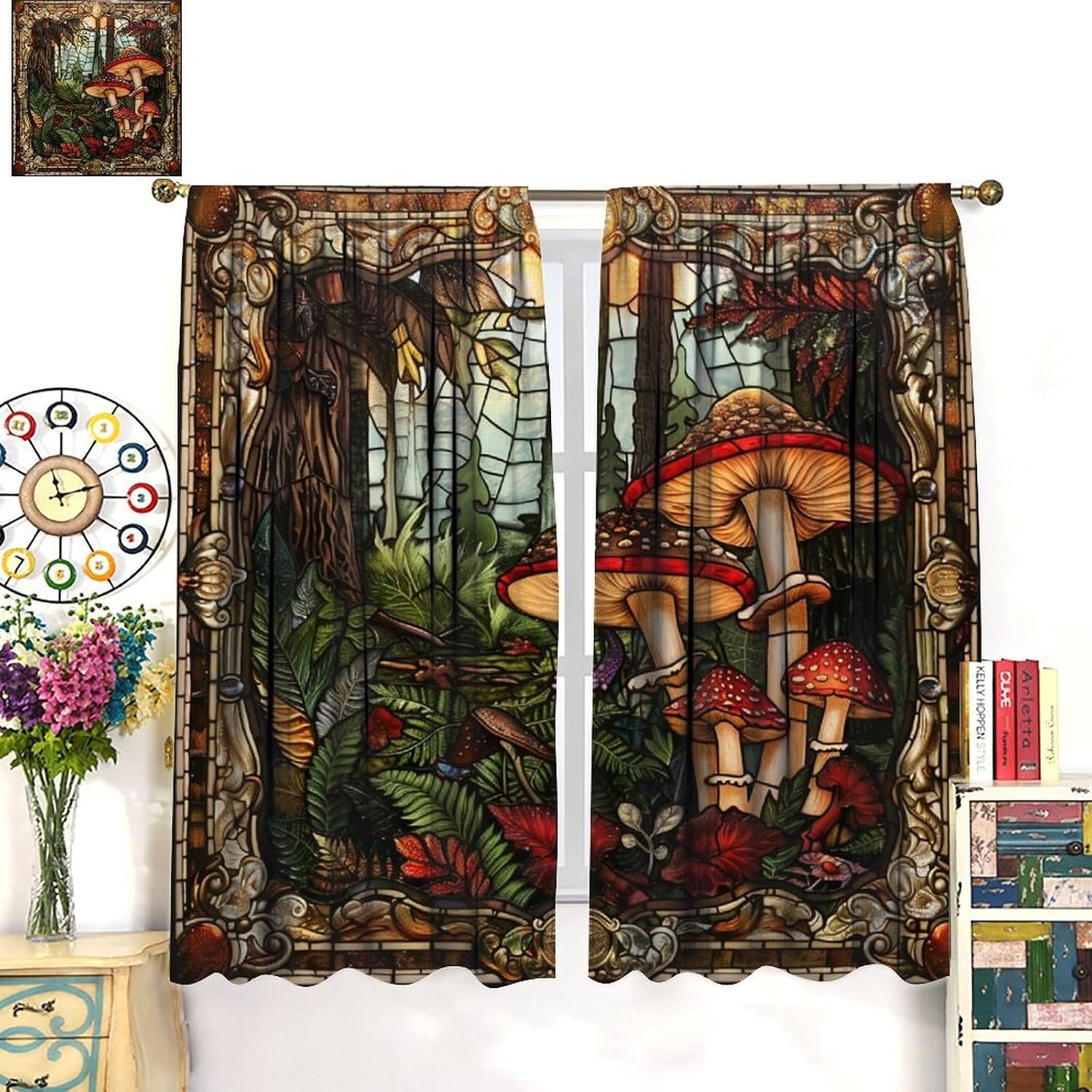 Fantasy Mushroom Jungle Blackout Curtains for Bedroom Living Room, Rod Pocket Retro Stained Glass Garden Curtains Thermal Insulated Window Drapes 2 Panels, Each 21W x 45L