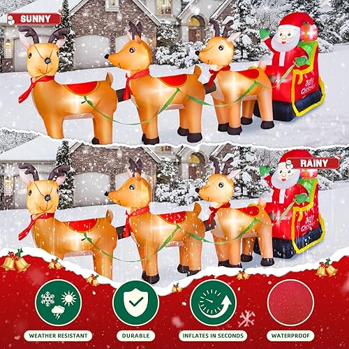 Vista 5 de Inflables de Navidad de 12 pies de largo, decoraciones para exteriores, inflables de Papá Noel en trineo de renos, luces LED integradas