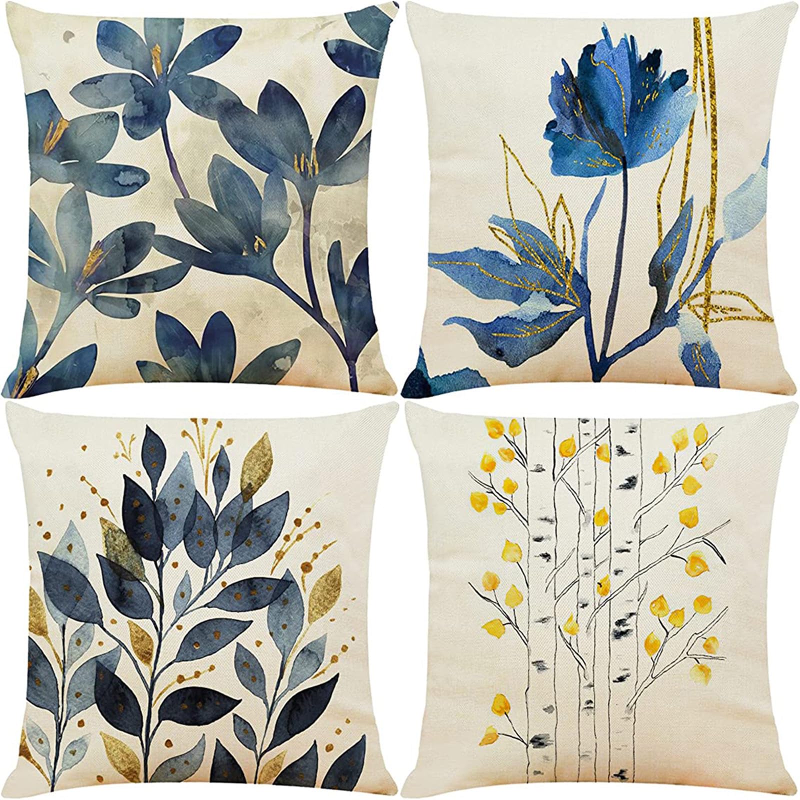 Housse coussin 70x70 cm lot de 4 fleurs bleues en lin double face