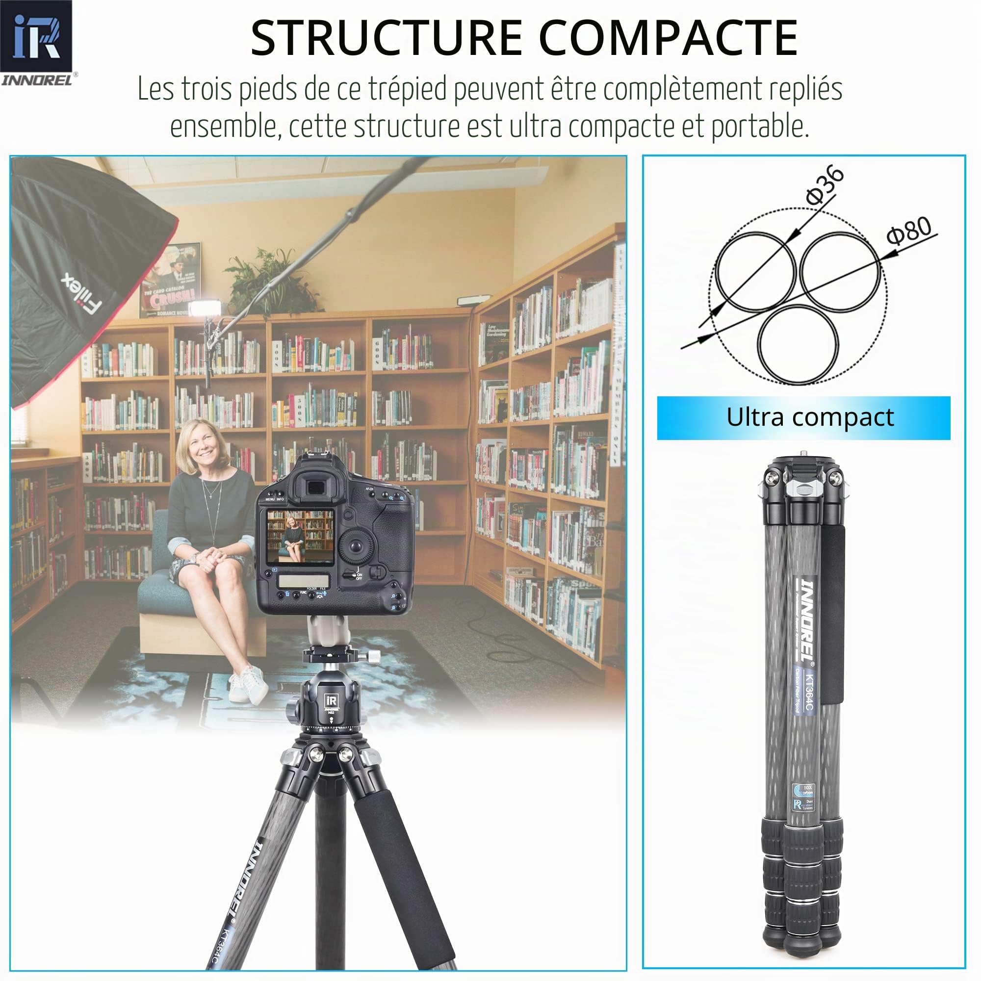 INNOREL KT364C Trépied Compact en Fibre de Carbone 10 Couches pour Appareil Photo Tube de 36 mm Trépied de Voyage Professionnel pour caméscope numérique DSLR Charge 30kg avec Colonne Centrale