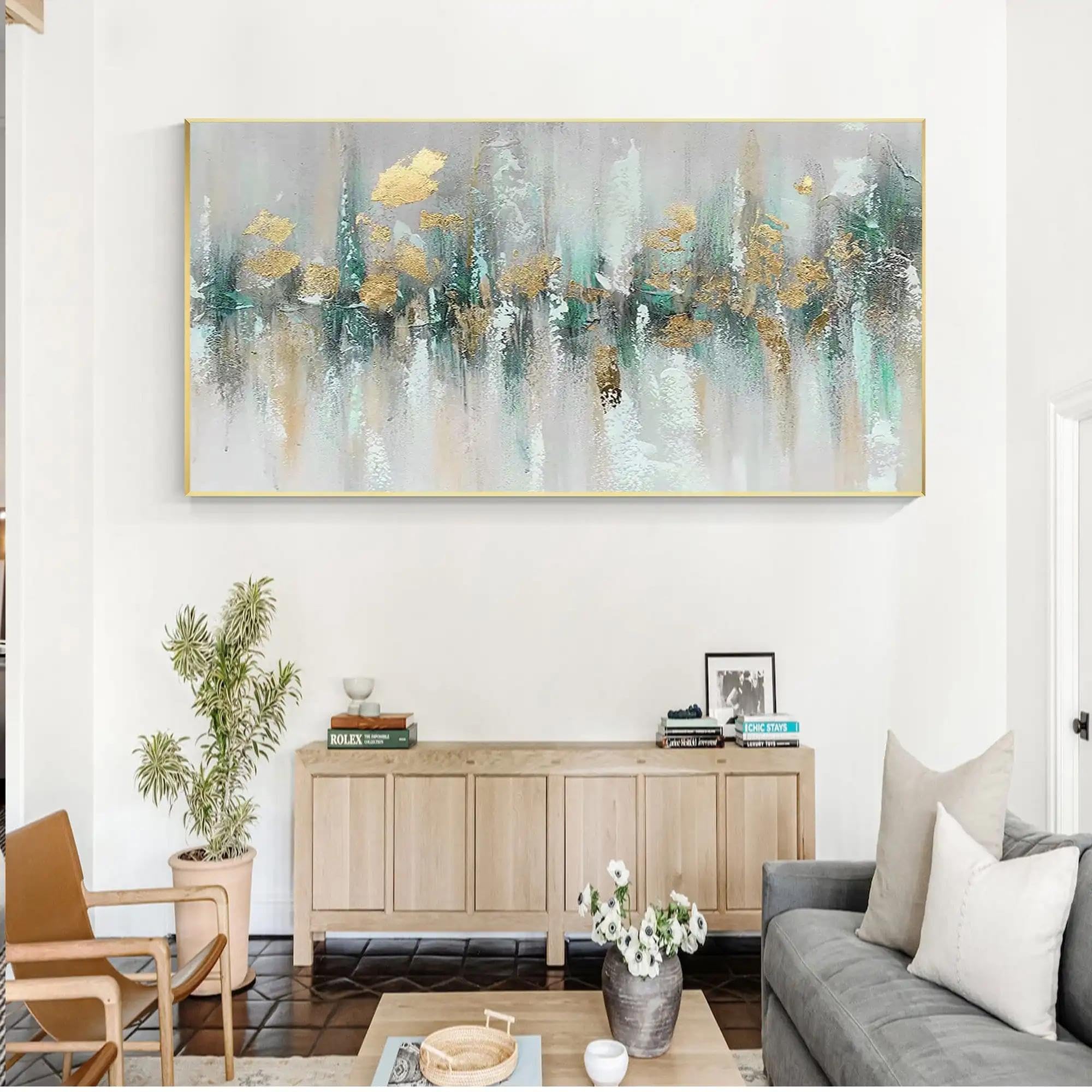 JACBON Gold/Blaugrün, strukturiertes horizontales abstraktes Gemälde auf Leinwand, für Wohnzimmer, Schlafzimmer, große goldene Wandkunst, moderne Heimdekoration, 80 x 160 cm, rahmenlos