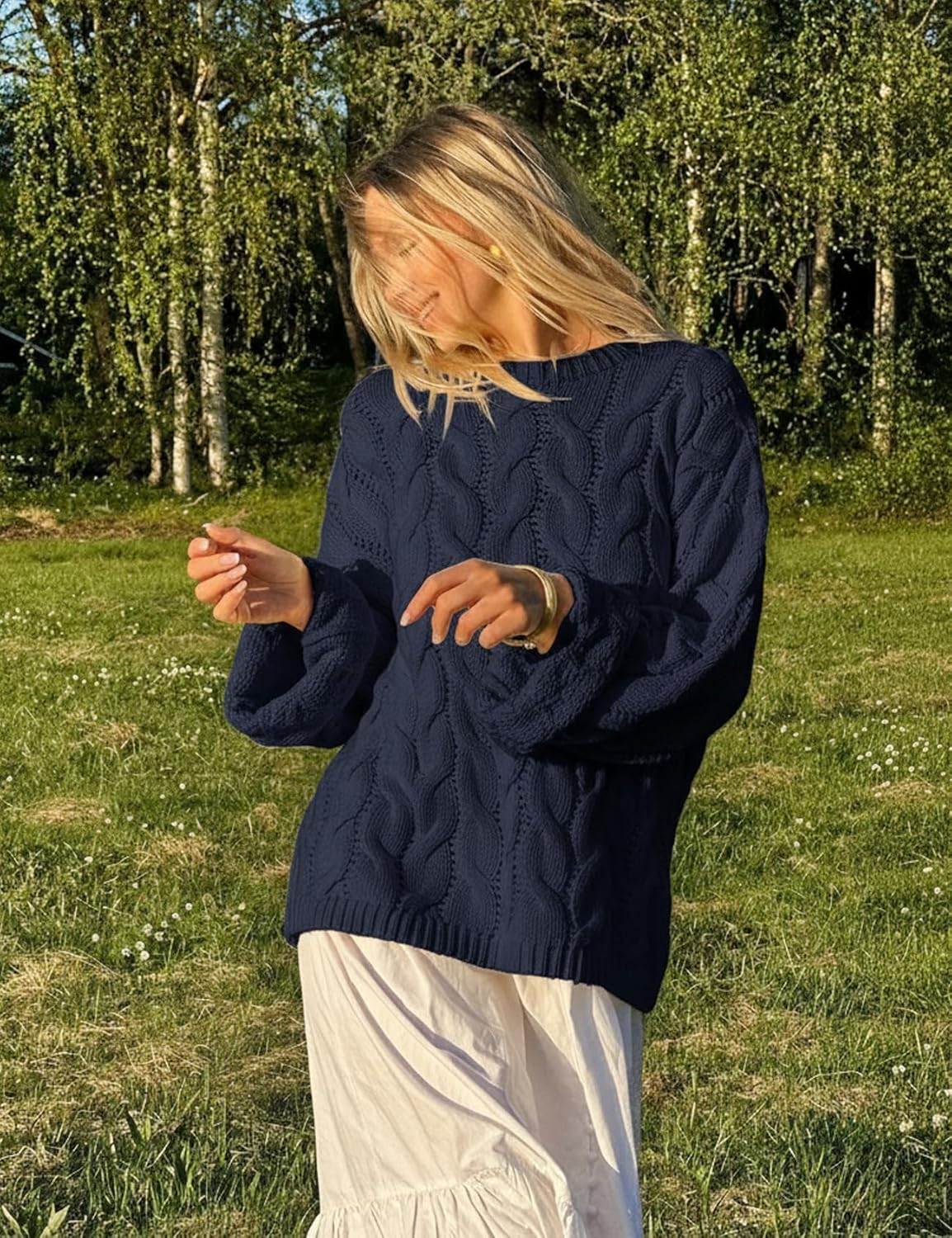 Women's Oversized Cable Knit Sweater Crewneck 2025 Fall Chunky Pullover Sweaters Top Casual Loose Trendy Knit Outfit(Navy,M) - Image 4