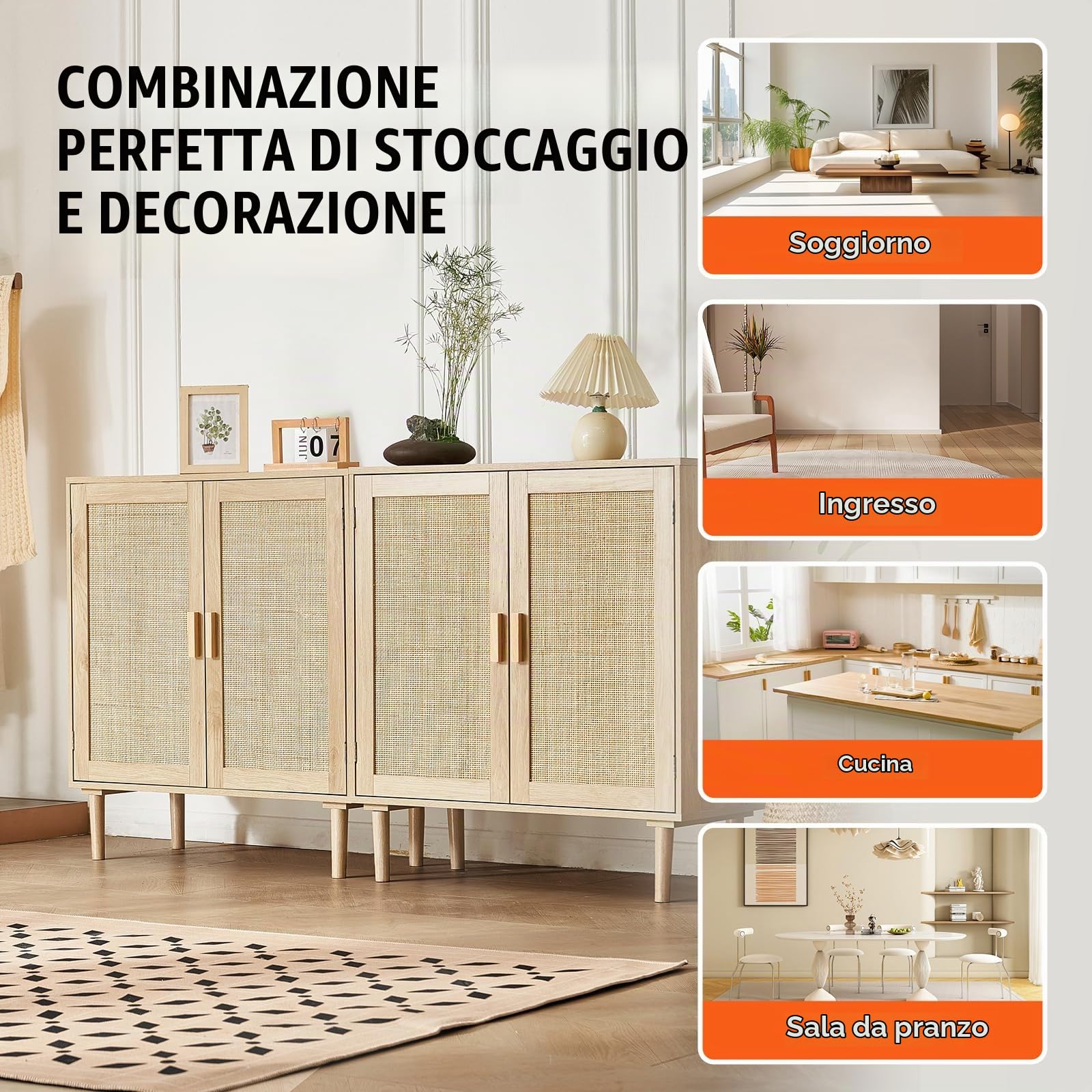 VEVOR Set di 2 Armadietti in Rattan, Armadio Portaoggetti in Rattan con 4 Ante Magnetiche e Ripiani Regolabili, Credenza Portaoggetti per Corridoio, Ingresso, Soggiorno o Cucina, Mobiletto da Casa