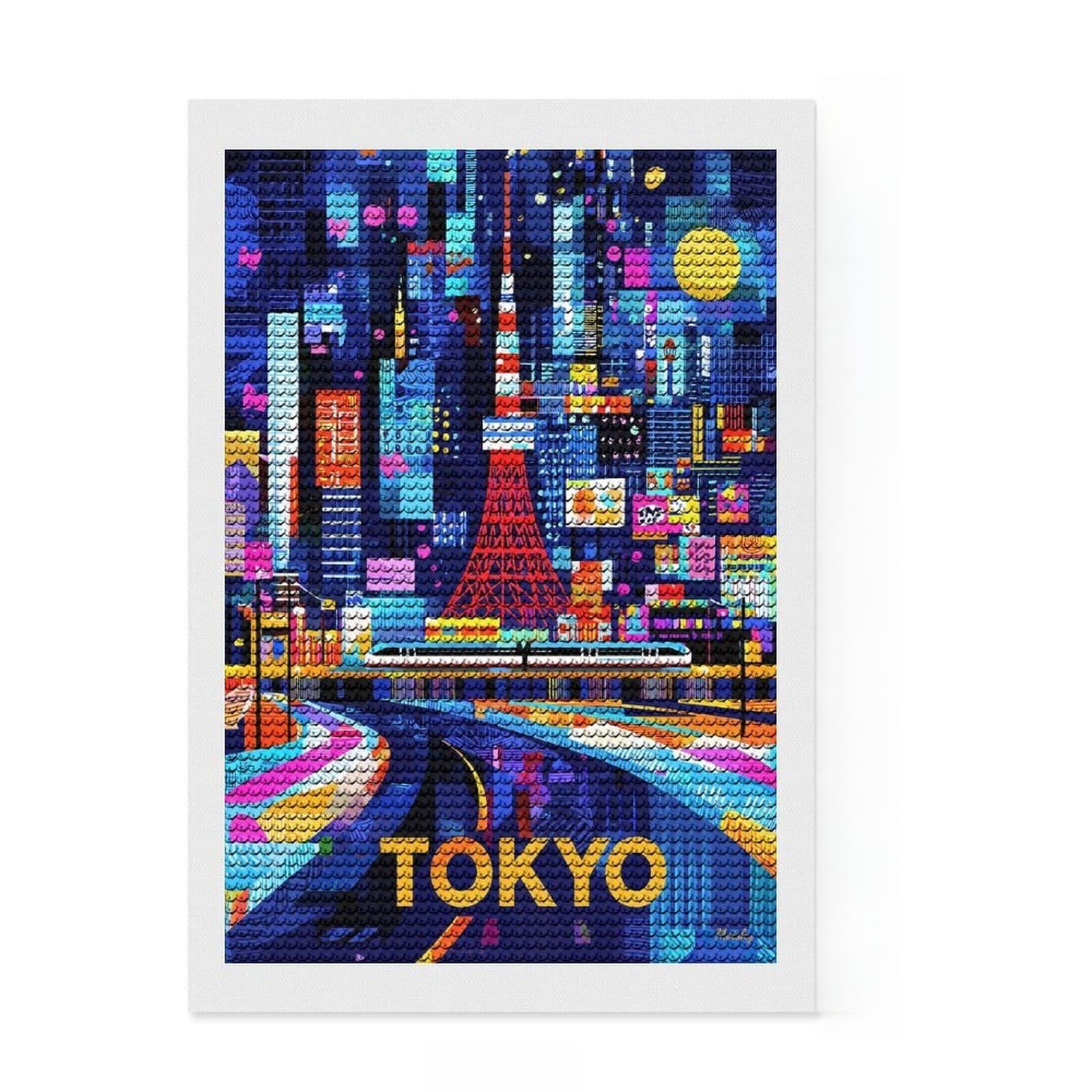 Junmoney Tokyo Neon Glow – Colorful Geometric Cityscape Diamond Art Kit 8"x12", Home Wall Decor, for Creative Relaxation, Mindful Craft Activity, Thoughtful Handmade Gift
