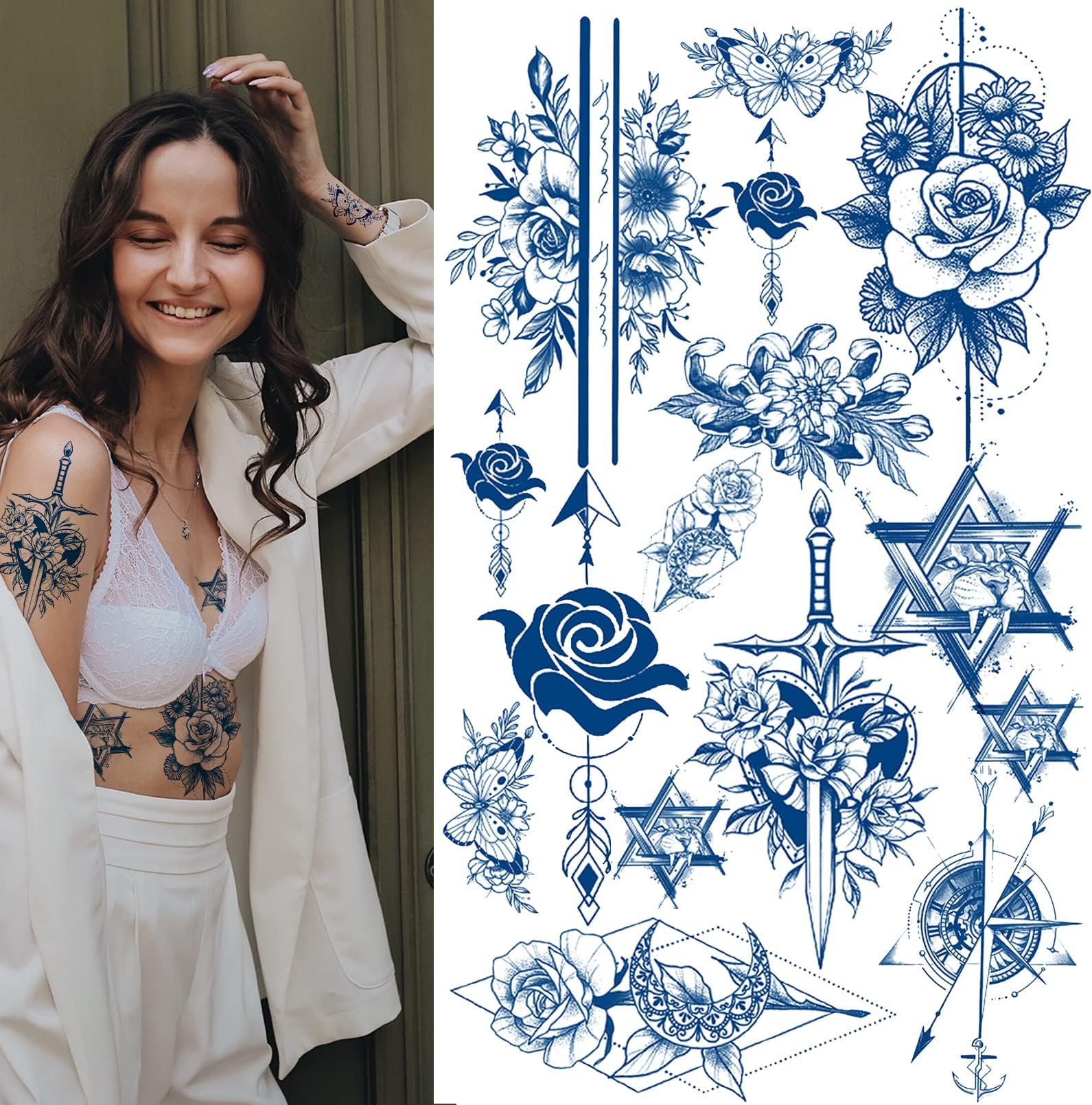 8 Sheet Semi Permanent Tattoos, Waterproof and Long-Lasting 2 Weeks, Plant-Based Ink Realistic Fake Tattoos Stickers for Women