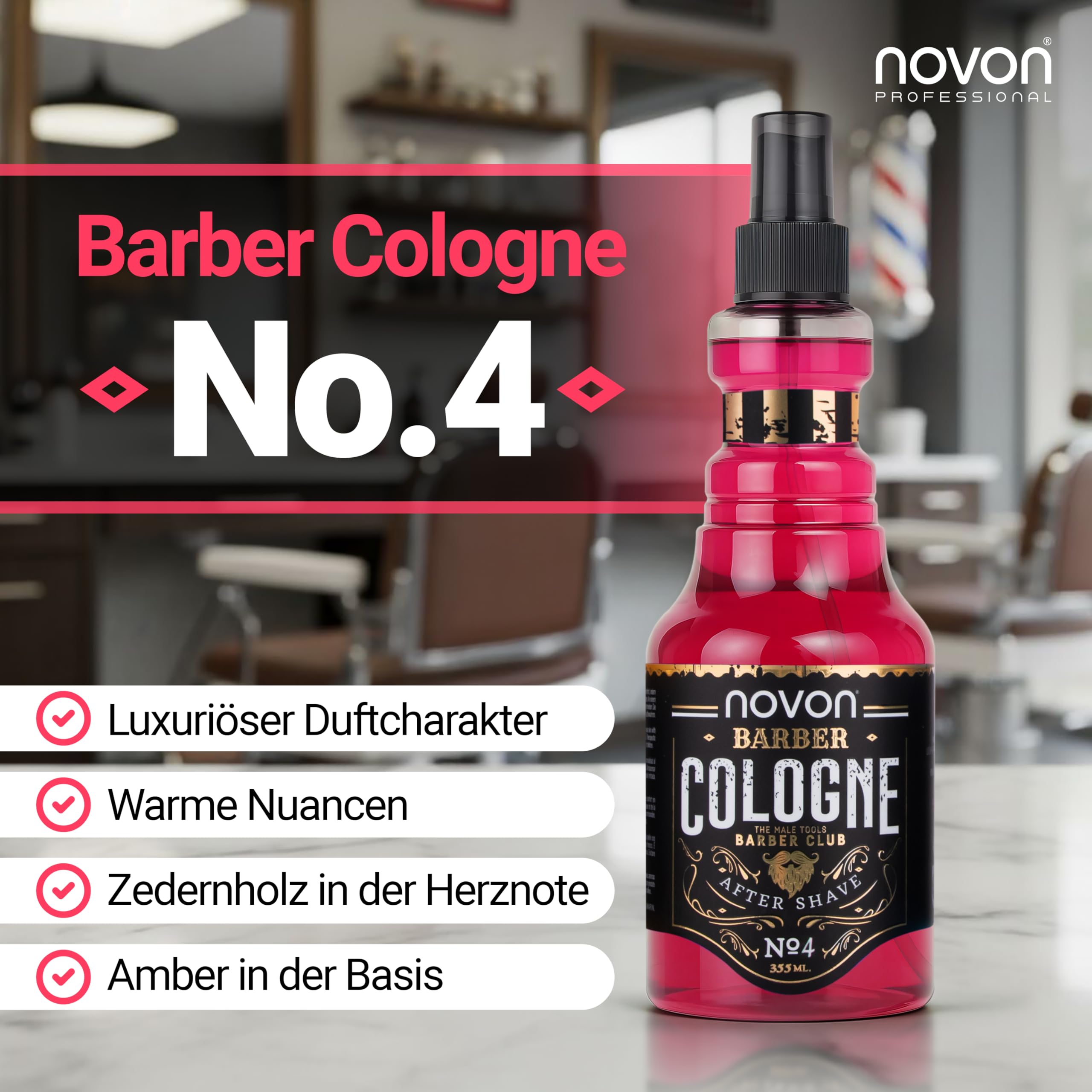 novon Professional Barber Cologne nr 4-355 ml - spray po goleniu dla mężczyzn - woda zapachowa do golenia aromatyczno-intensywna - Barber Eau de Cologne z praktycznym dozownikiem z pompką