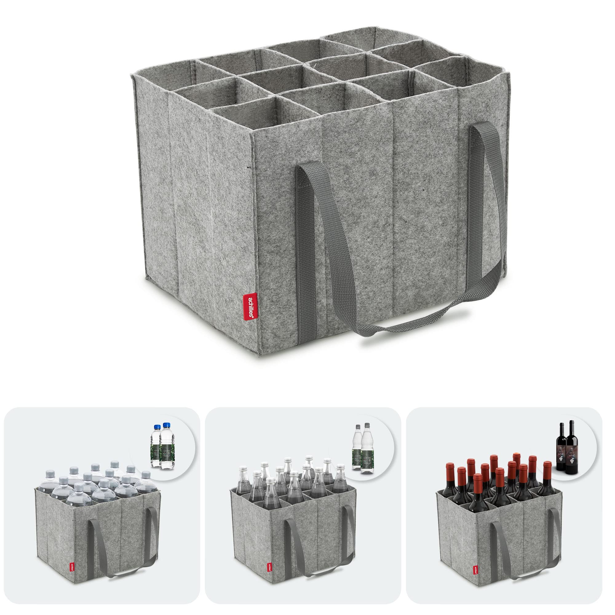achilles Borsa per Bottiglie Con 12 Scomparti, Anche per Bottiglie Da 1,5 Litri, Borsa per Bottiglie In Feltro, 100% Riciclato (Grigio)(Per 12 bottiglie)