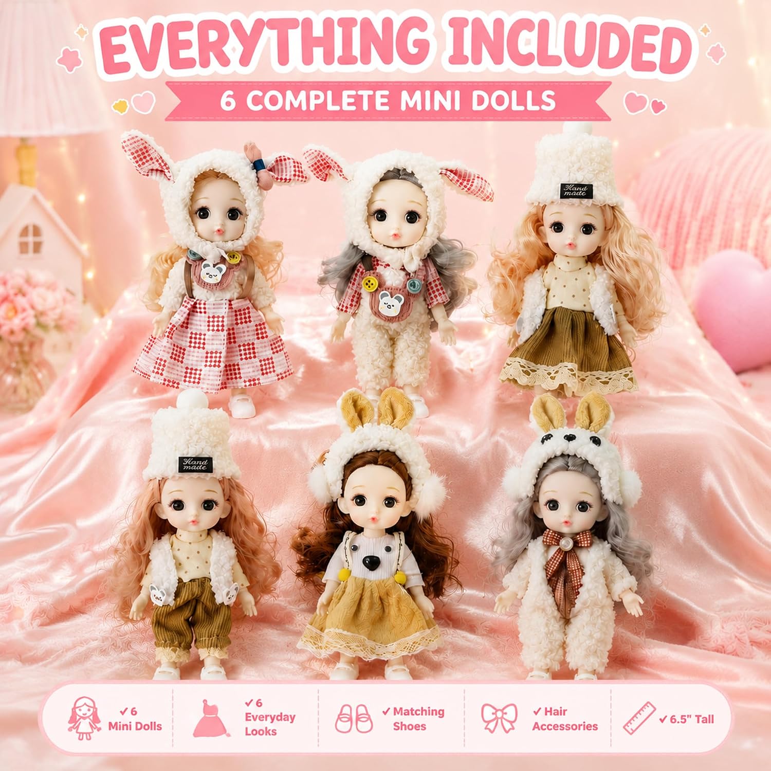 6 Inch Small Princess Dolls, Everyday Outfits for Storytelling, 6 Pack image 2