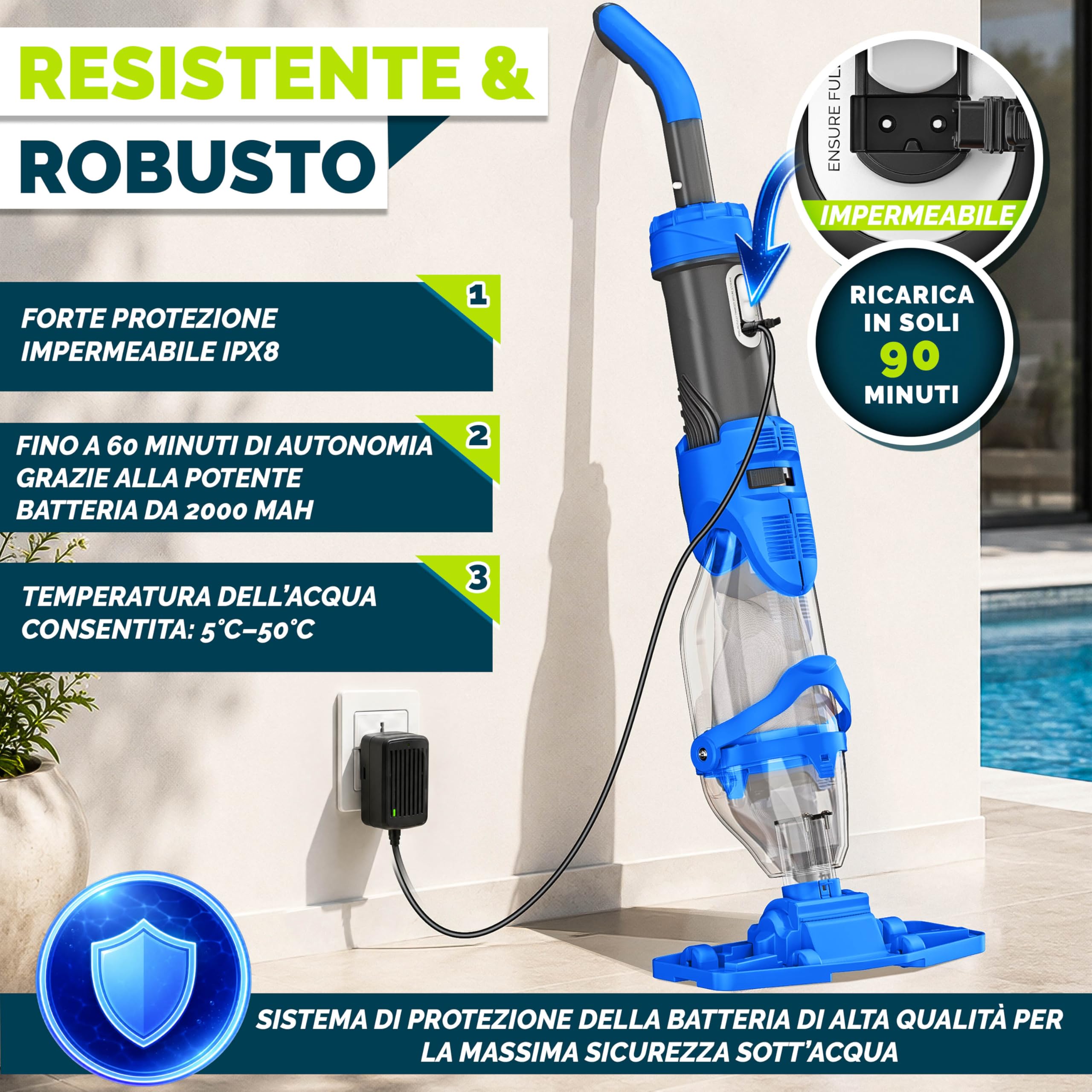 tillvex Aspirapolvere per piscina con batteria ricaricabile e asta telescopica fino a 15 m³ | Aspirapolvere elettrico per fondo piscina con 2 filtri, autonomia di 60 minuti e modalità turbo