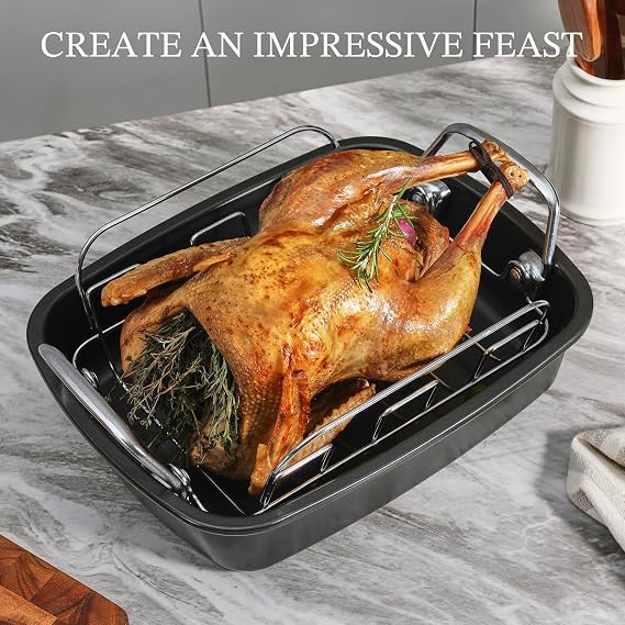 KITESSENSU Large Roasting Pan with Rack - 25 LB Nonstick Turkey Roaster Pan for Oven - Heavy Duty Carbon Steel Roasting Pan with Wider Handles for Chicken, Vegetables & Holiday Meals, Gray