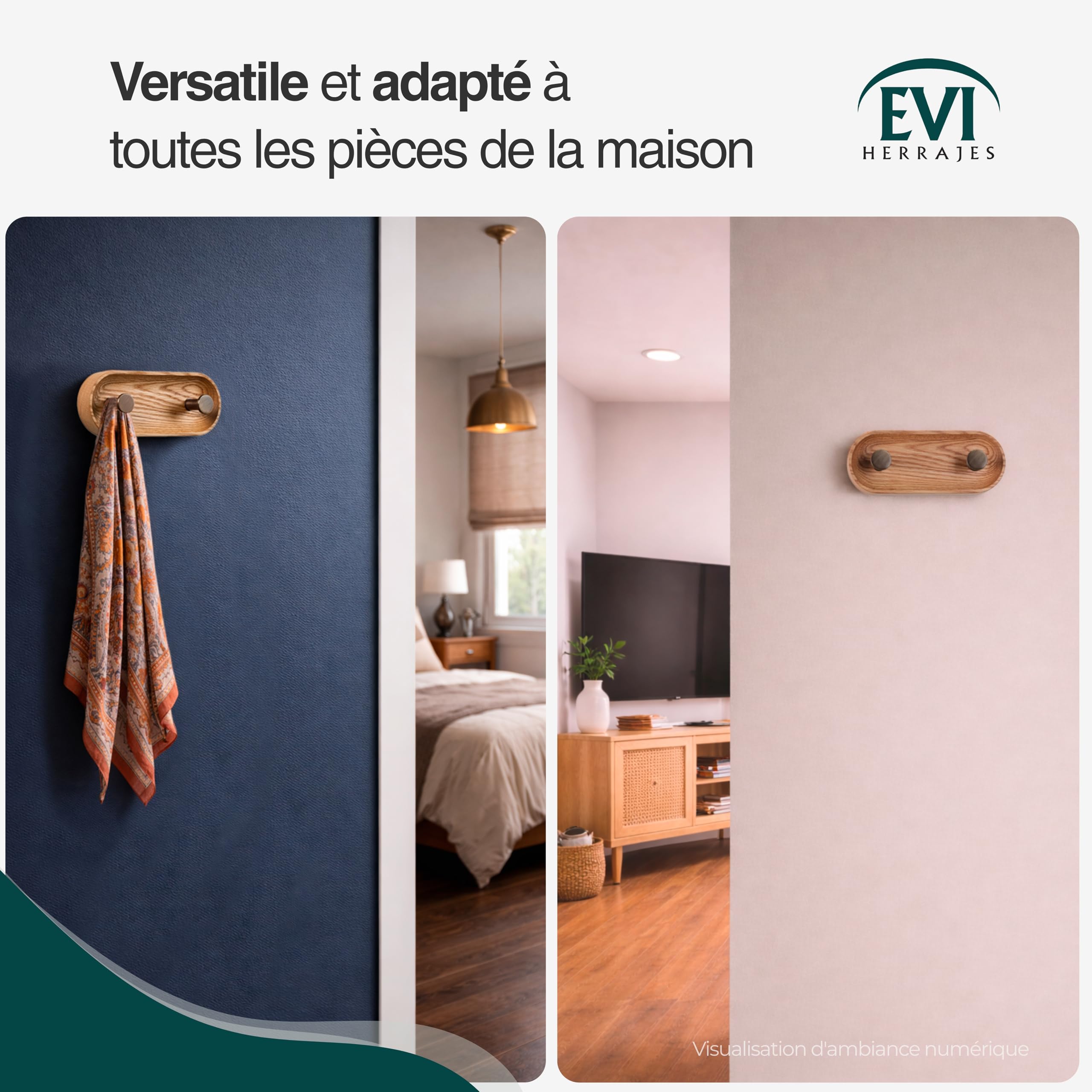 EVI Herrajes | Patère murale | Bois de chêne massif | Crochets laiton vieilli cuir | 2 crochets | Kit de montage inclus | Mod. Cova 2CROCU