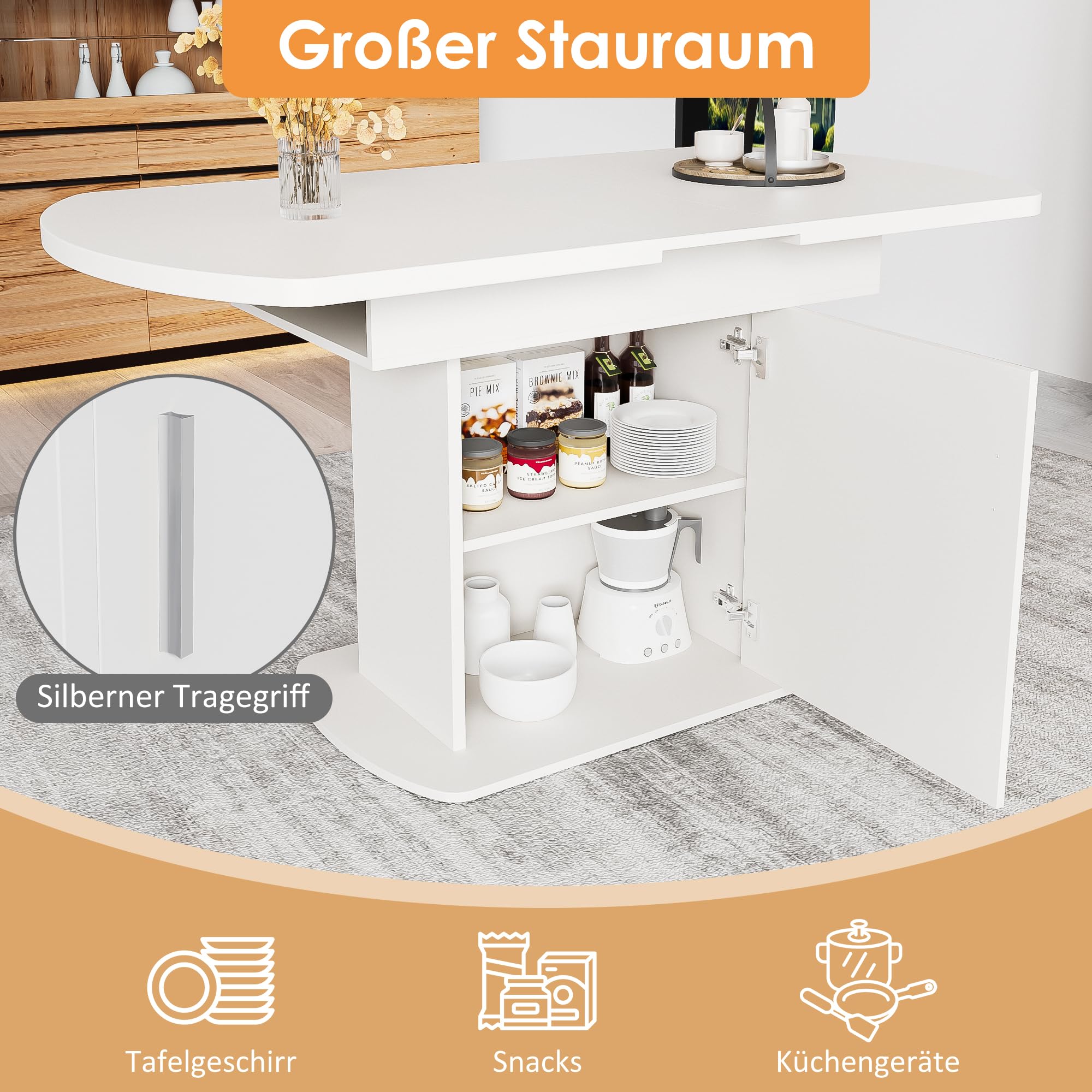Esstisch Küchentisch Ovaler für 4-6 Personen, 110-130x70 cm, Weiß | Für Esszimmer Wohnzimmer, Esstisch Ausziehbar, Esszimmertisch mit Stauraum Regal und Türen, Modern Tisch mit Tischplatte