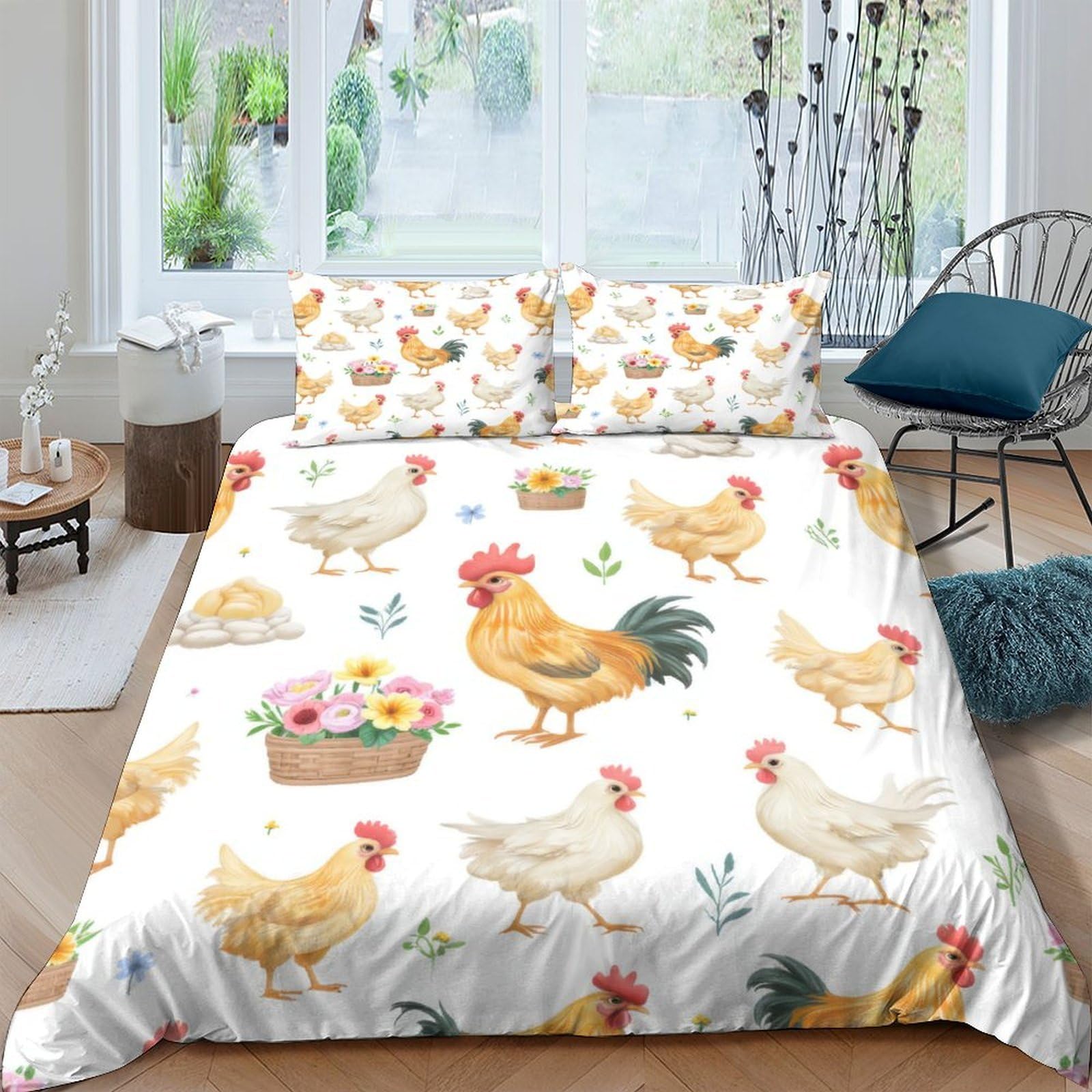 GPLZQXKJNH 3D Printed Chicken Farm Duvet Cover Microfiber Soft Breathable Hen Floral Bedding Set with 2 Pillowcases for Bedroom Decor Single（135x200cm）
