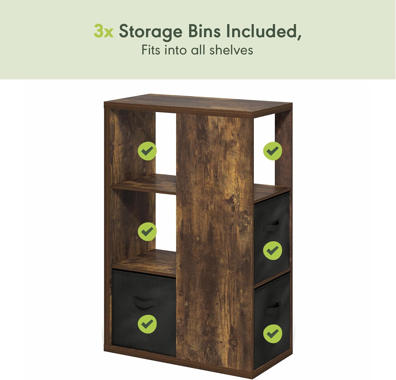 Furinno Viola Book Shelf, 3-Tier Bookshelf, Cube Storage Organizer Bookcase with Open Shelf, with Storage Bins, 13.6 x 29.3 x 43.8, for Living Room, Bedroom, Home Office, Amber Pine/Black