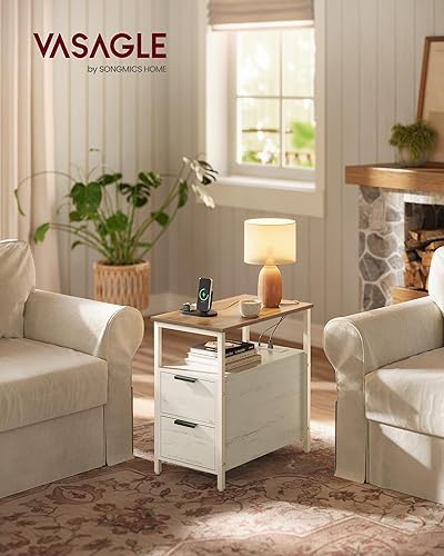 Miniatura 2 de VASAGLE Mesa auxiliar con estación de carga, mesita de noche delgada con 2 cajones, mesita de noche estrecha para sala de estar, espacios pequeños,