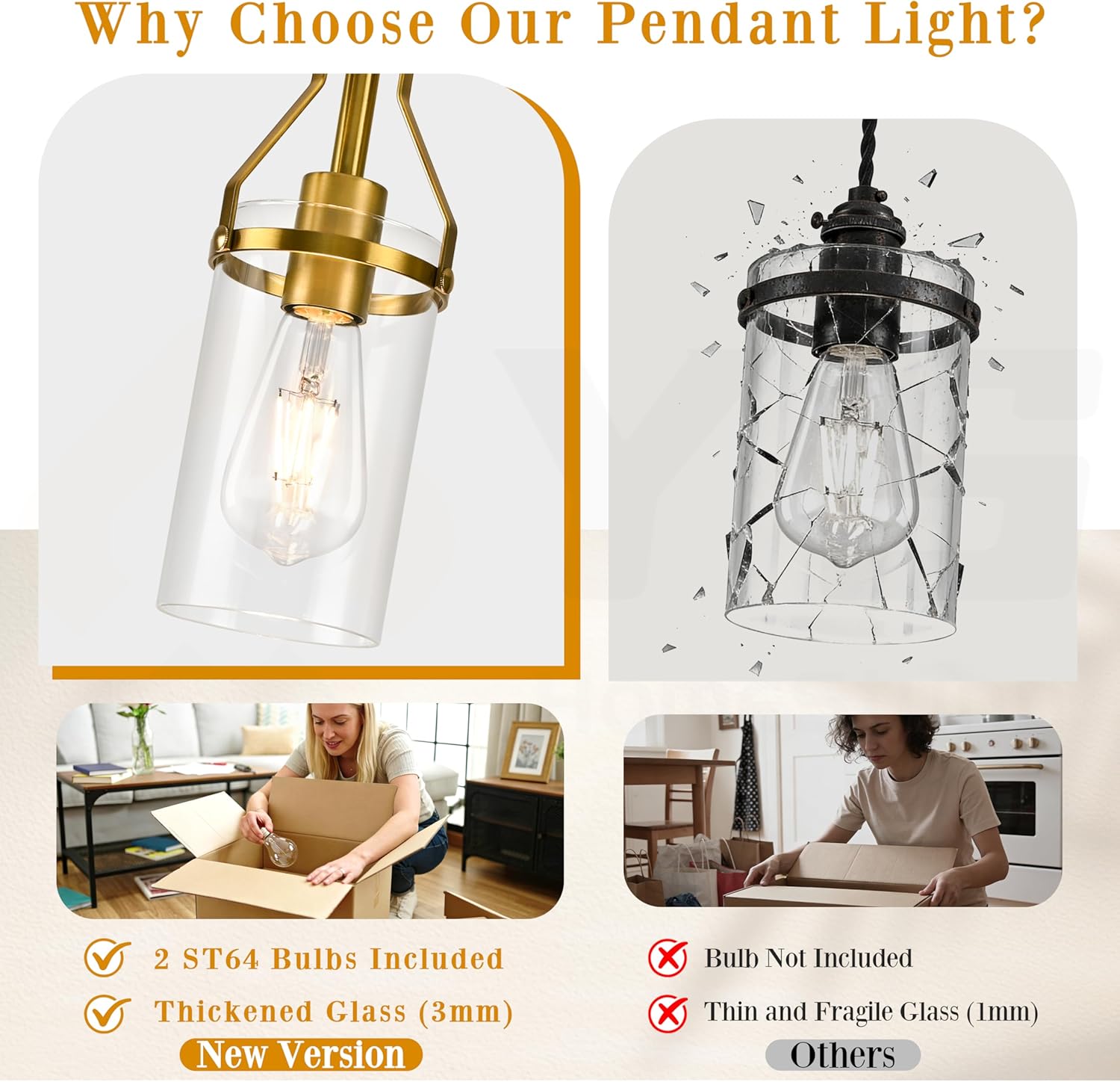 Modern Pendants Lights Kitchen Island 2 Pack Clear Glass Pendant Lighting with Brushed Gold Height Adjustable Hanging Farmhouse Pendant Lights for Dining Room Sink Bedroom Foyer（Bulb Incl.）