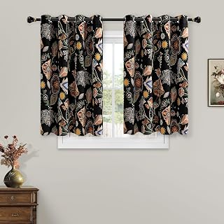 XiDi Black Dark Short Floral Patterned Blackout Curtains 54 Inches Long | for Bedroom, Decorative Black Out Window Treatments for Bathroom Kitchen Small Window, Modern Vintage Printed Drapes 52x54