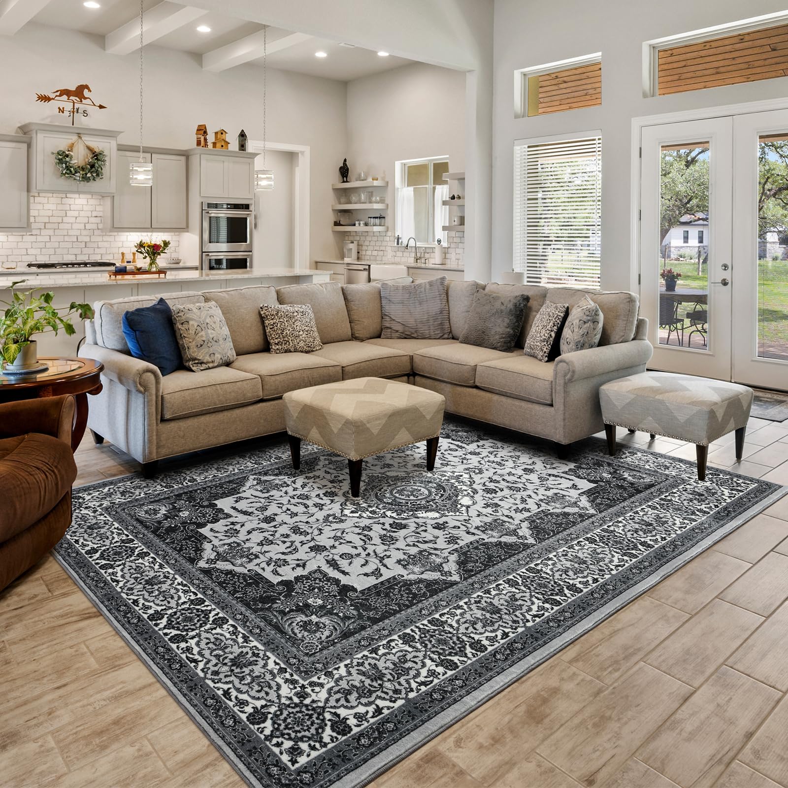 Rtizon Area Rug for Living Room, Machine Washable Grey Rugs for Bedroom, 4x6Ft Non-Slip Vintage Carpet for Office Dining Room Entryway Hallway