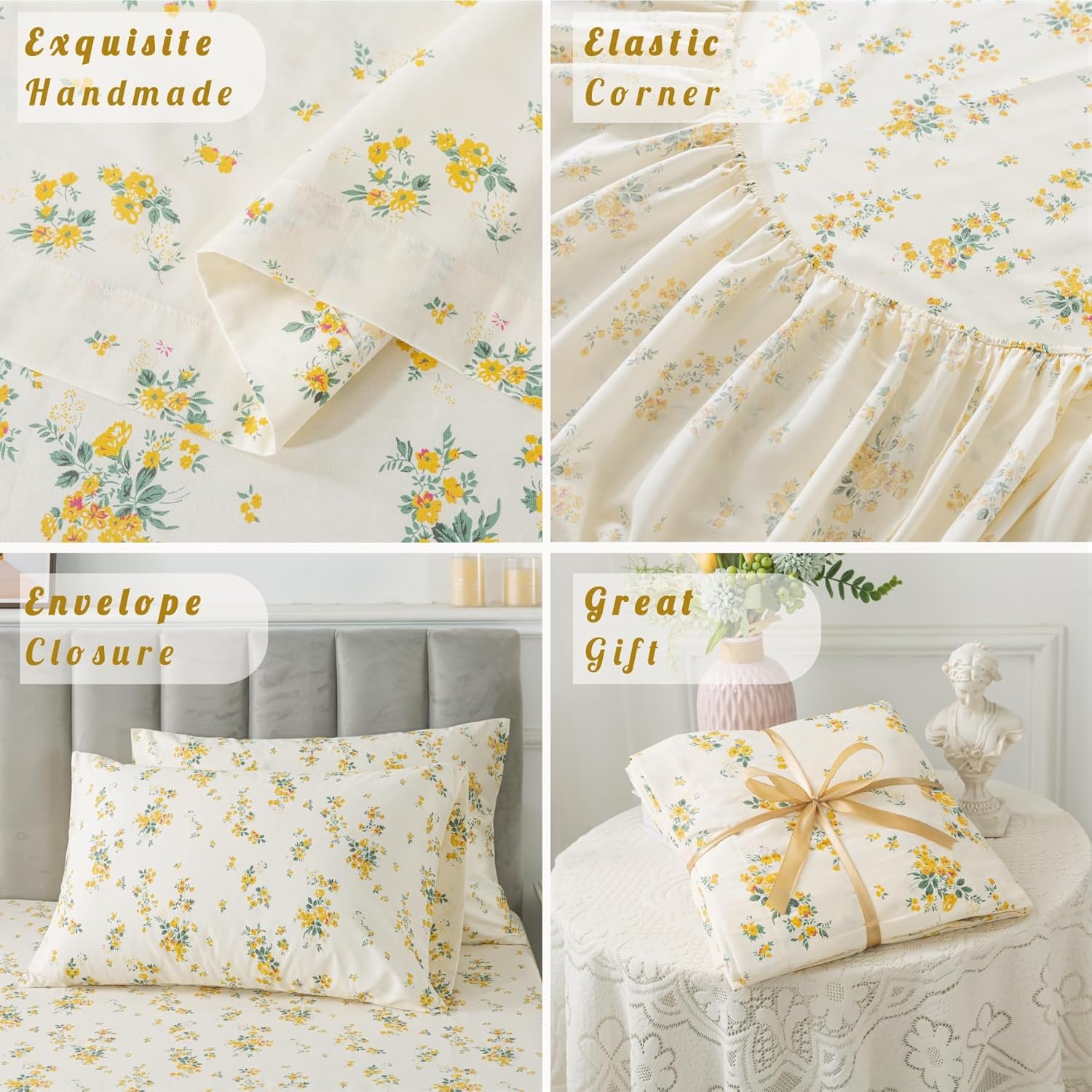 100% Cotton Percale Sheets for Queen Size Bed - 14 Inches Deep Pocket Perfect Fitting - Crispy Cool & Comfortable - Yellow Floral (4 Piece Bed Sheets)