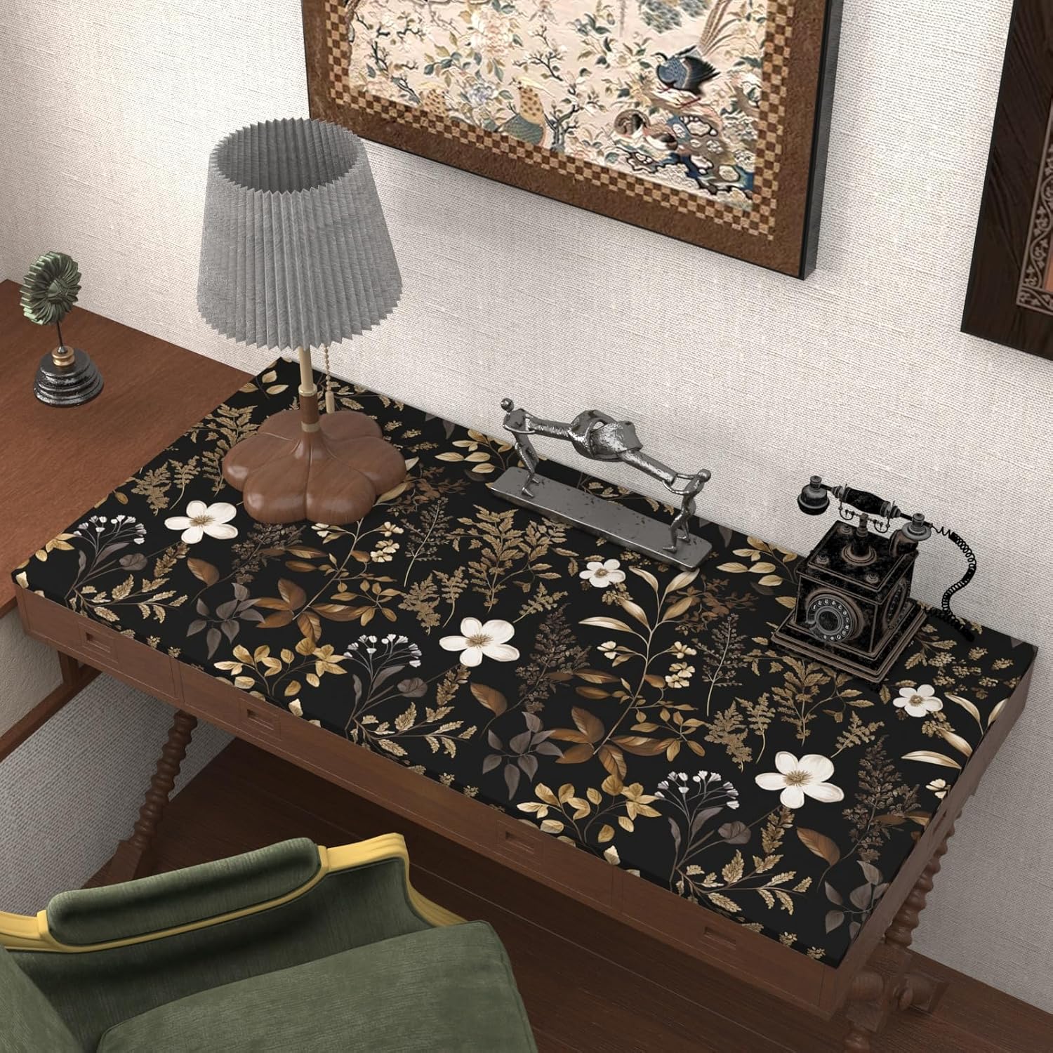 Boho Floral Wallpaper Peel and Stick Black Gold Wallpapers 17.5'' x 393'' Vintage Gold Leaf Contact Paper for Cabinets Waterproof Self Adhesive Removable Wall Paper for Kitchen Table Countertop Walls