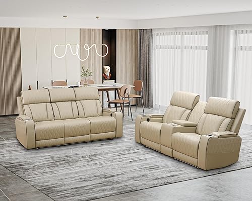 Miniatura 31 de Juego de 3 piezas para sala de estar, sofá reclinable eléctrico de cuero con puertos USB, iluminación LED y portavasos, asientos de cine en casa