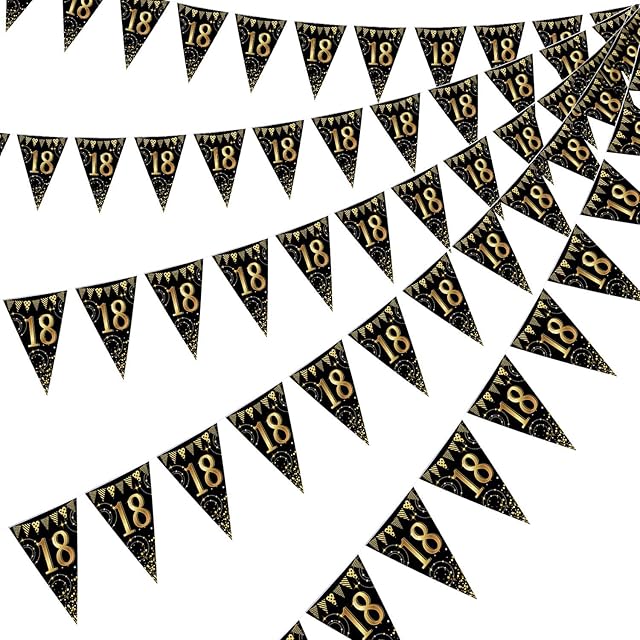 Frienda Happy Birthday Banner Bunting Flags 5 Pieces Gold and Black Glitter Birthday Anniversary Party Decoration Supplies, 7.4 x 10.8 Inch (18th Birthday)