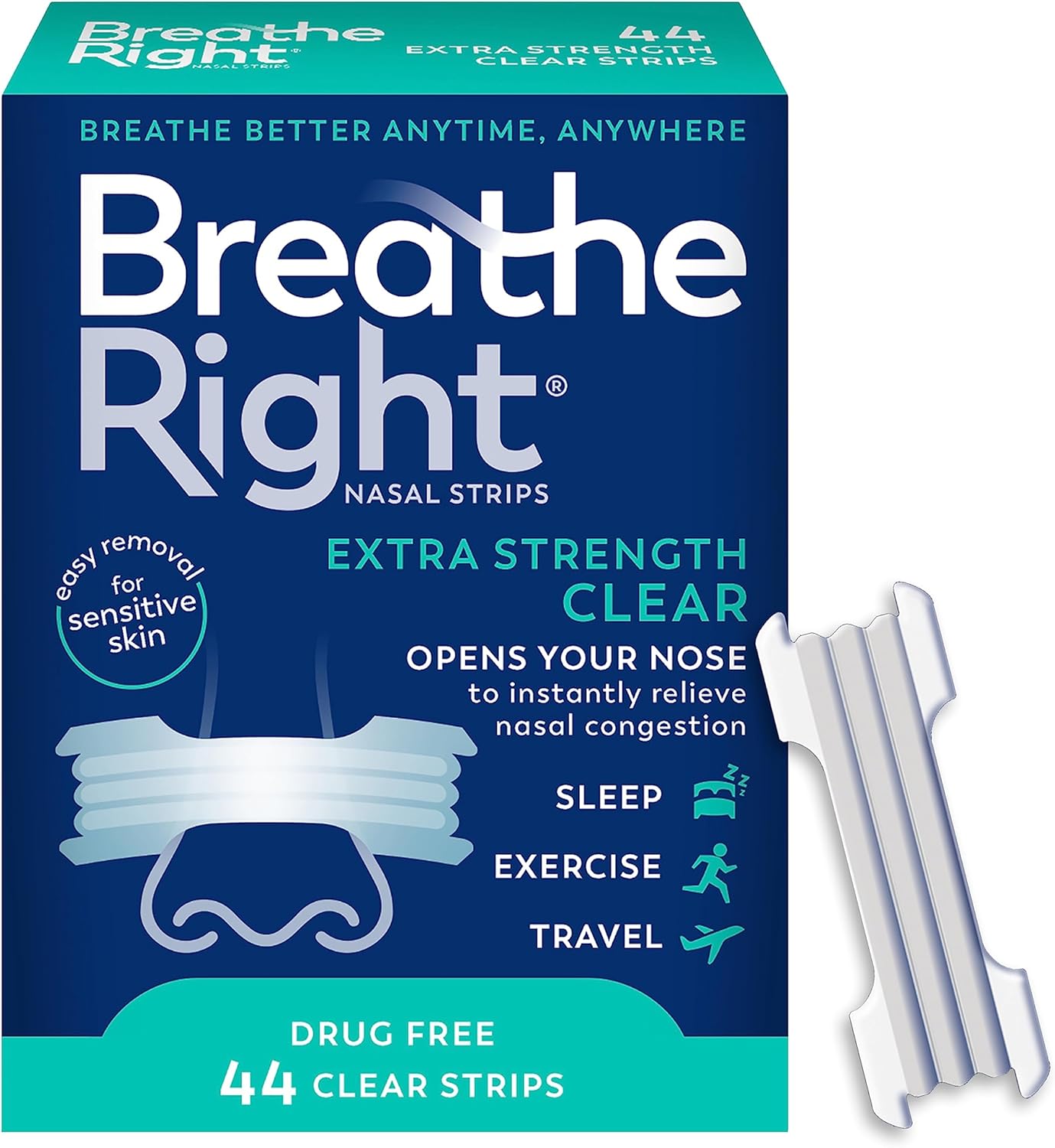 Breathe Right Nasal Strips | Extra Strength | Clear | For Sensitive Skin I Drug-Free Snoring Solution