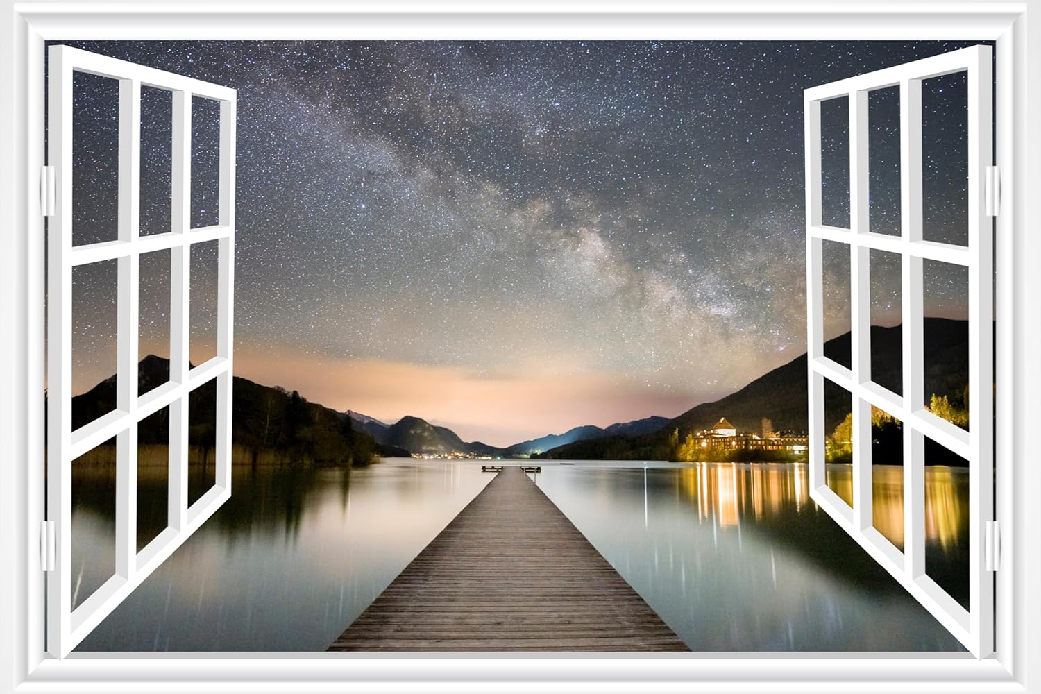 Fake Window for Walls Faux Window Decal Windows Poster Picture Open Window Wall Art Decor, Stick and Peel Wallpaper Nature Wall Decol Forest Lake Scene Mural, 48"x72"