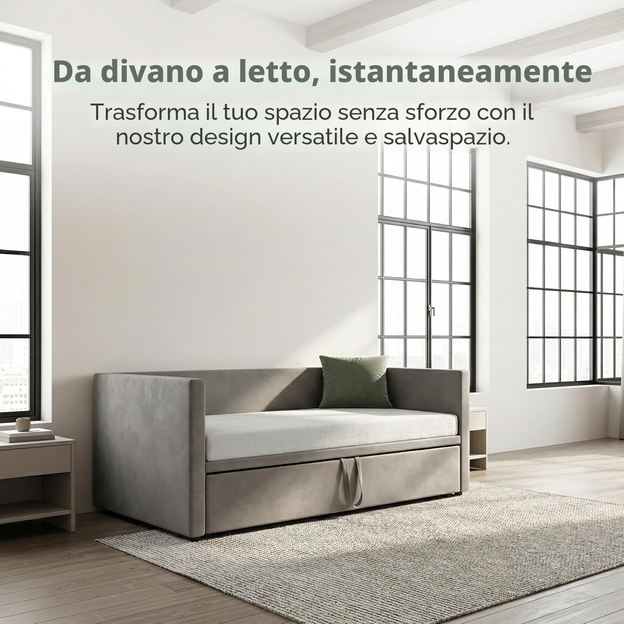 Letto imbottito, divano letto estensibile per 2 persone, letto di giorno, letto estraibile della stessa altezza, divano letto con sommier a doghe e schienale, letto multifunzionale, tessuto in velluto
