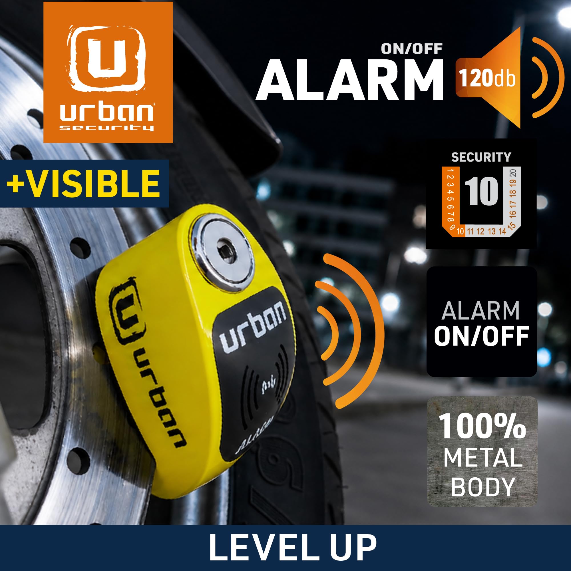 URBAN UR906Y Blokada Tarczy Motocyklowej z Alarmem 120dB Hi-Tech X2 ON, Wodoodporny Wymienny Moduł, Bateria CR2, Kabel Przypominający, Uniwersalna Blokada Hamulca 6mm do Skuter Rower Elektryczny