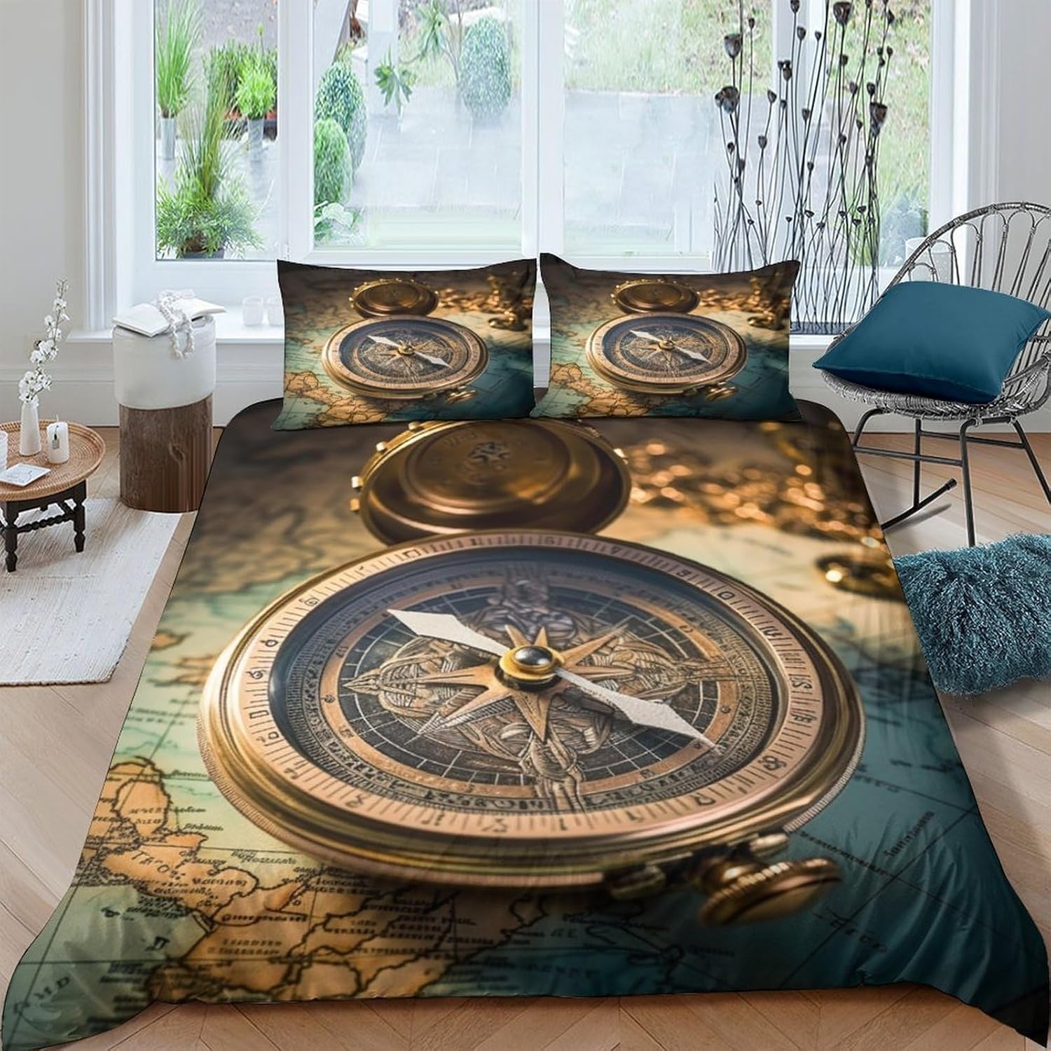 Housse de couette boussole 200x200 cm pour une chambre style voyage