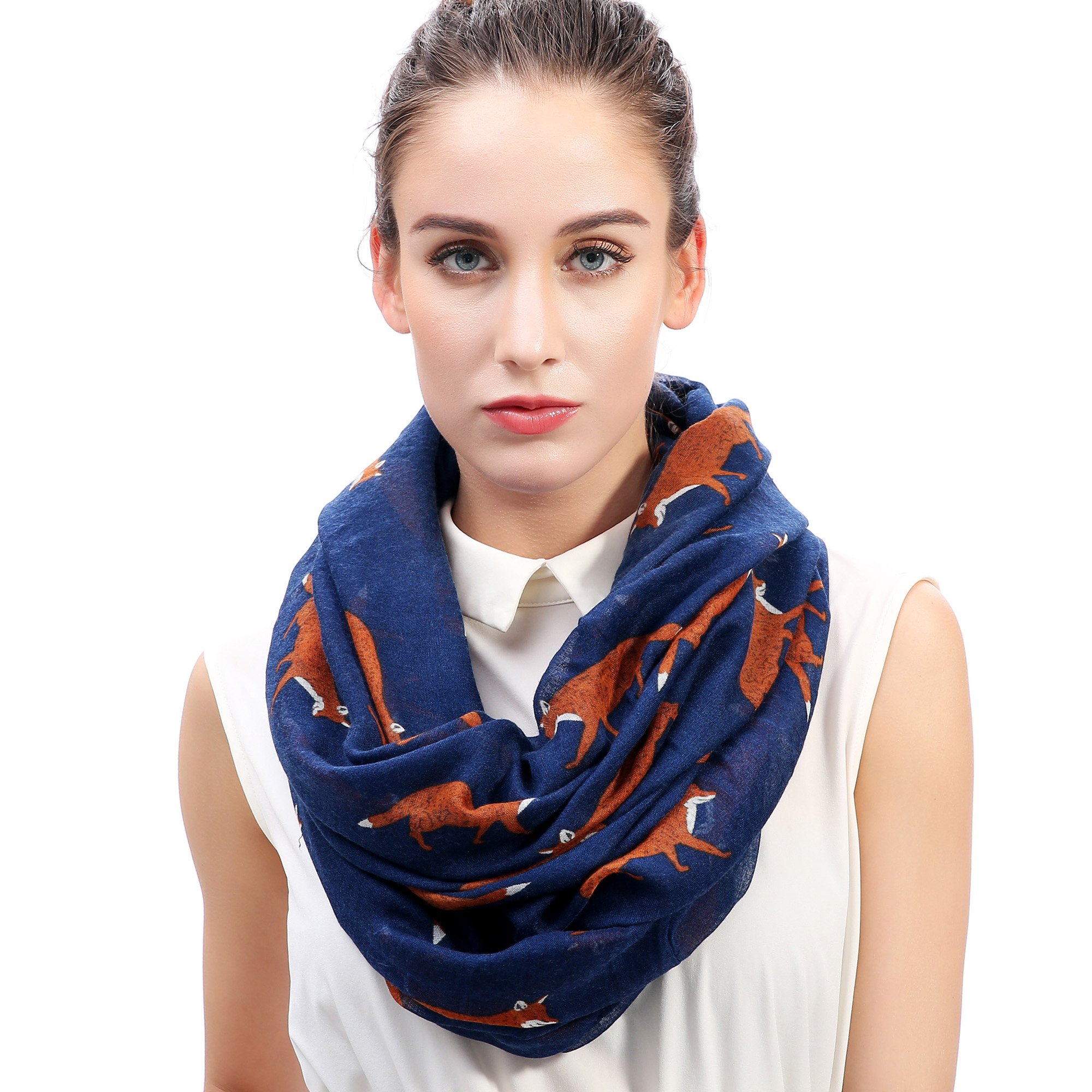 Lina & Lily Women's Navy Blue Fox Animal Print Lightweight Snood Infinity Scarf (Navy Blue)