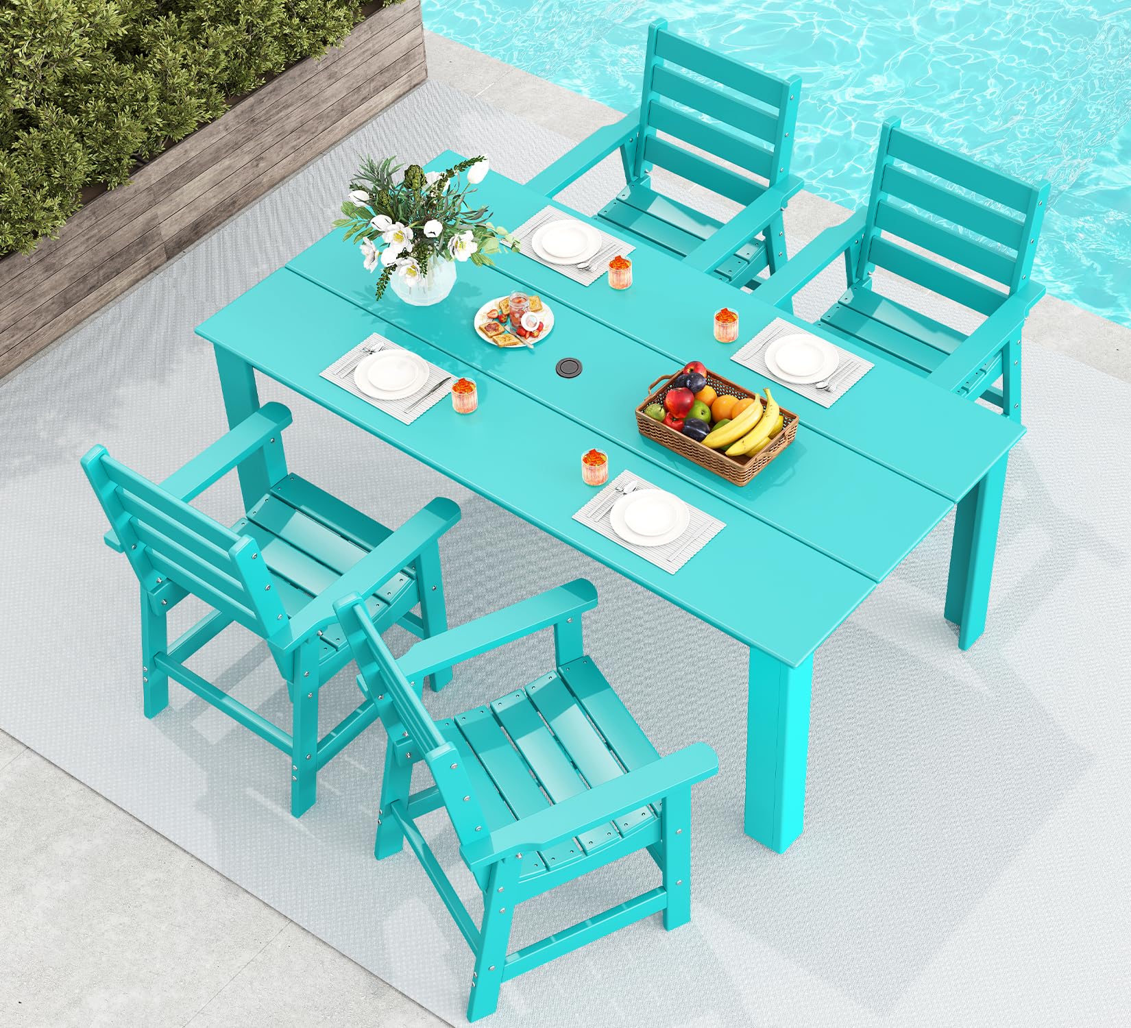 GREENVINES 5-piece Outdoor Dining Set, HDPE Table &amp; 4 Chairs, Aqua