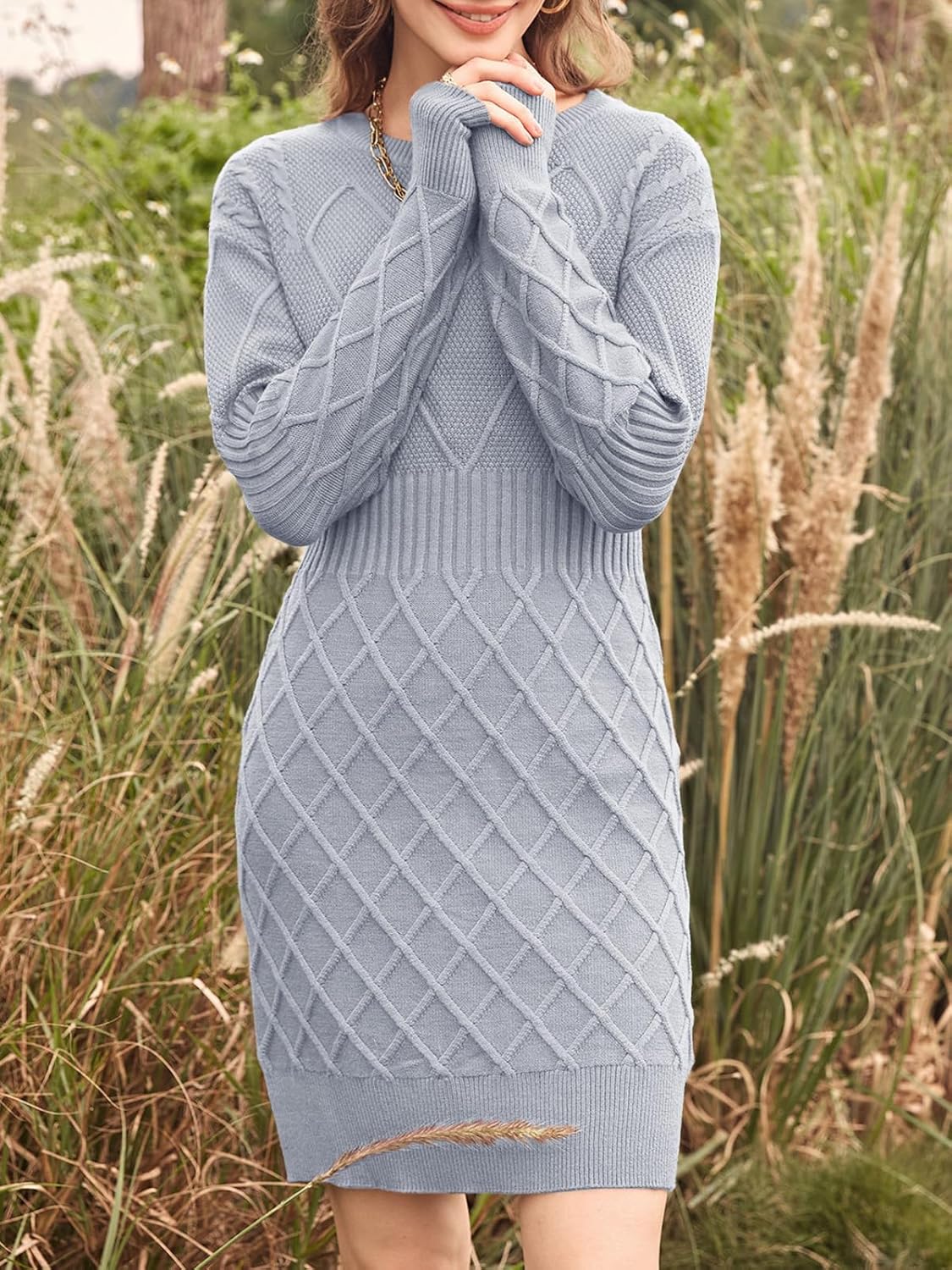 Dyexces Womens Sweater Dress Long Sleeve Crewneck Diamond Knit Sweater Dresses Sexy Slim Fit Pullover Dress - Image 2