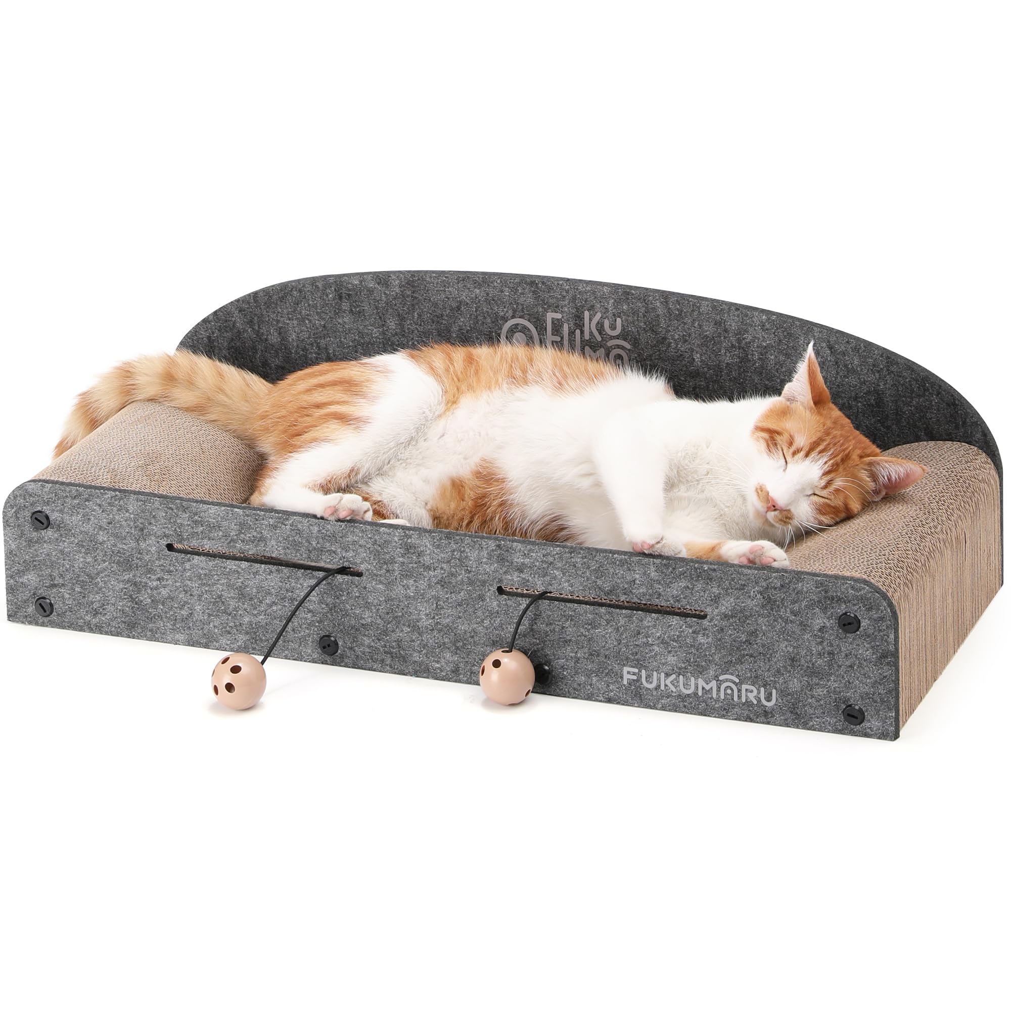FUKUMARU 66 cm Cat Scratcher Lounge Bed, Extra Large Lounger Durable Cardboard Cats Scratcher Bed, 2 Reversible Scratching Pads for Indoor Cats, Kitten Scratch Bed Cardboard Cat Ball Toy, Grey