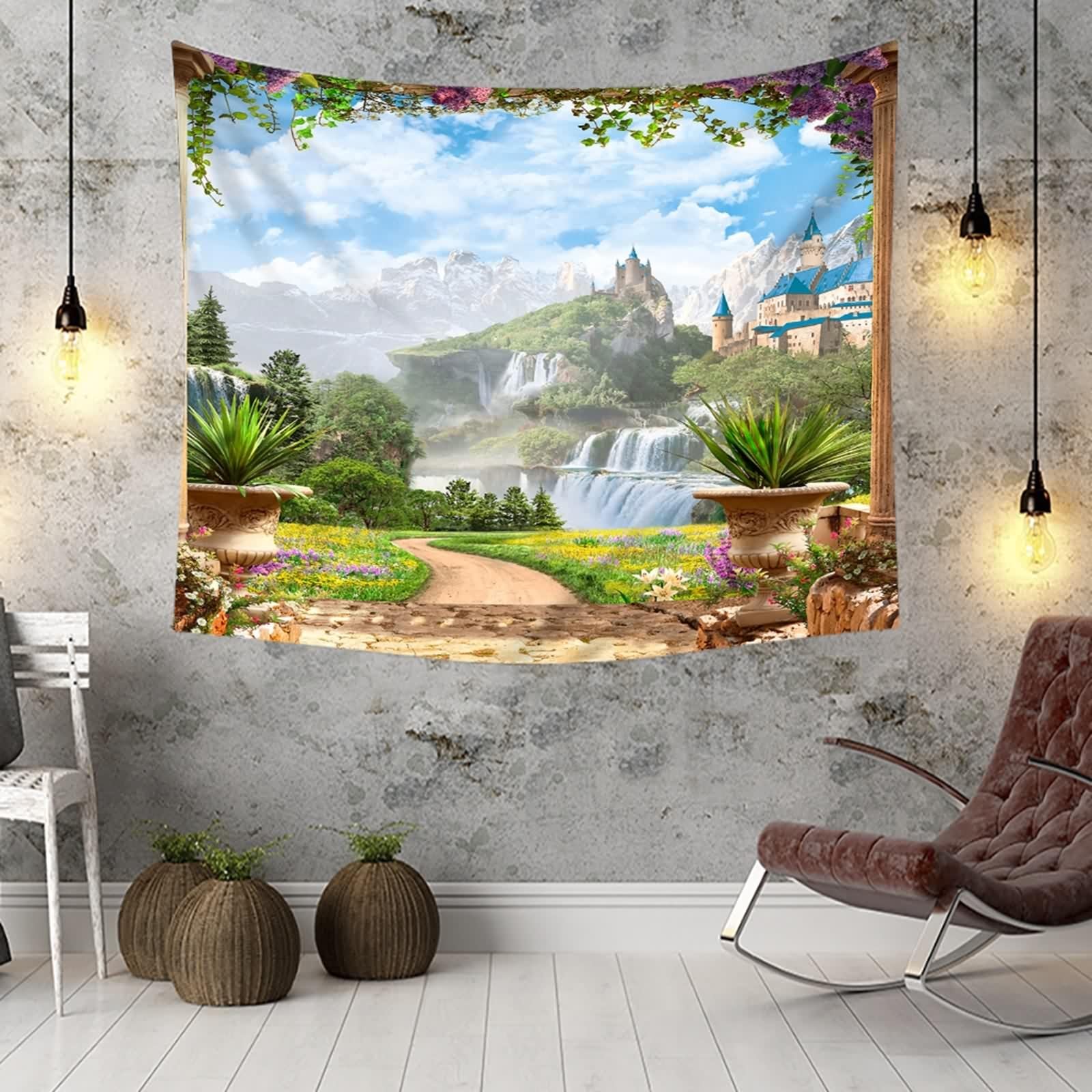 Arazzo da Parete Paesaggio, Arazzo da Parete Vintage Verde Bianco Giardino Poliestere 350x256cm