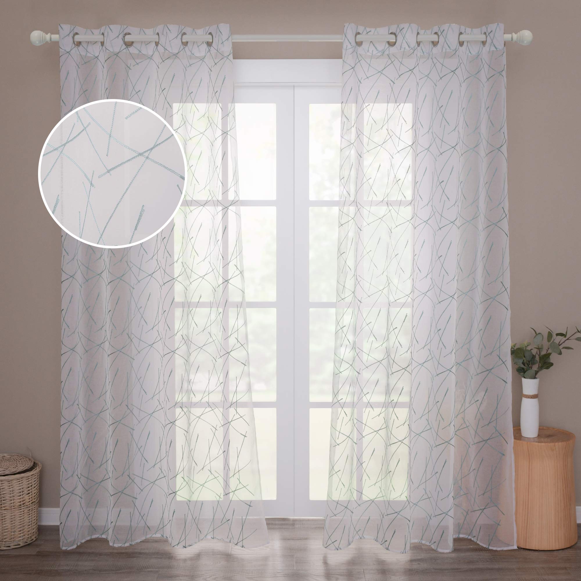 Deconovo Eyelets Linen Effect Sheer Curtains Home Decorative Voile Curtains Embroidered Net Curtains for Bedroom 55 x 102 Inch Blue Two Panels — image 1