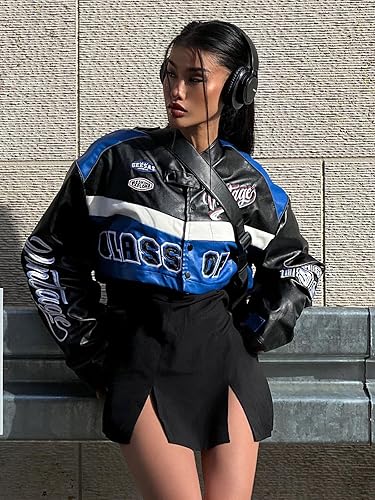 Vista 3 de Aelfric Eden Chaqueta bomber de cuero con bloques de color Vinatge Varsity Chaqueta unisex Moto Racing Biker Chaquetas