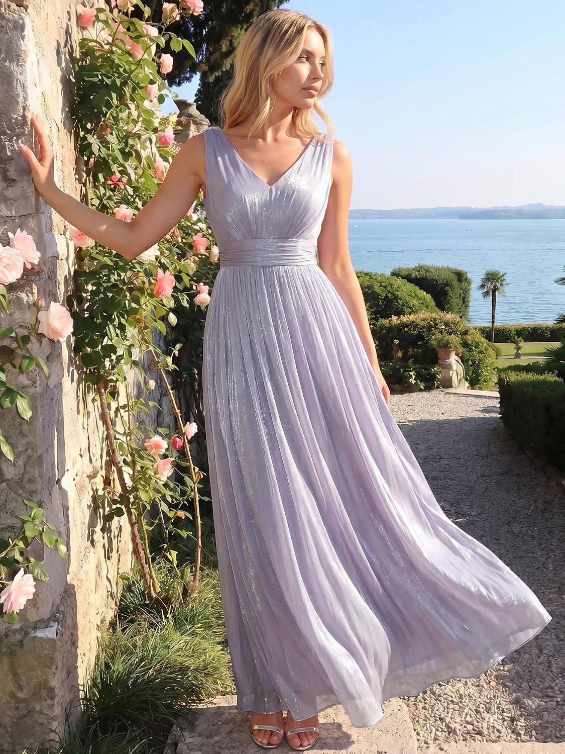 Ever-Pretty Women's Summer Shimmer V Neck Sleeveless Formal Wedding Guest Dresses Pleated A-Line Maxi Vacation Dress 02805