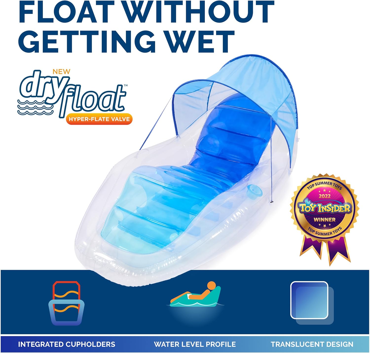 Swimways Dry Float Shadester Pool Float, Translucent Inflatable Recliner Chair for Adults with Fast Inflation, Canopy, Foot Rest & Cup Holder