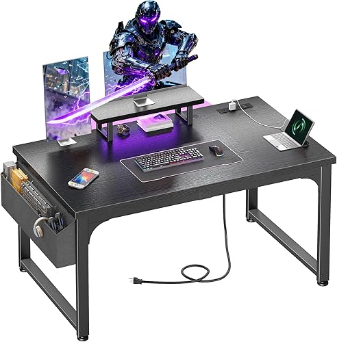 Escritorio para juegos con tomas de corriente y luz LED, escritorio para computadora con soporte para monitor y escritorio de 0.95 pulgadas más